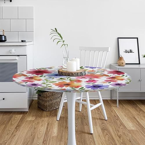 Vista 266 de Mantel redondo ajustable con borde elástico, mantel de hojas coloridas abstractas, impermeable, lavable, para mesas redondas, ideal para picnic