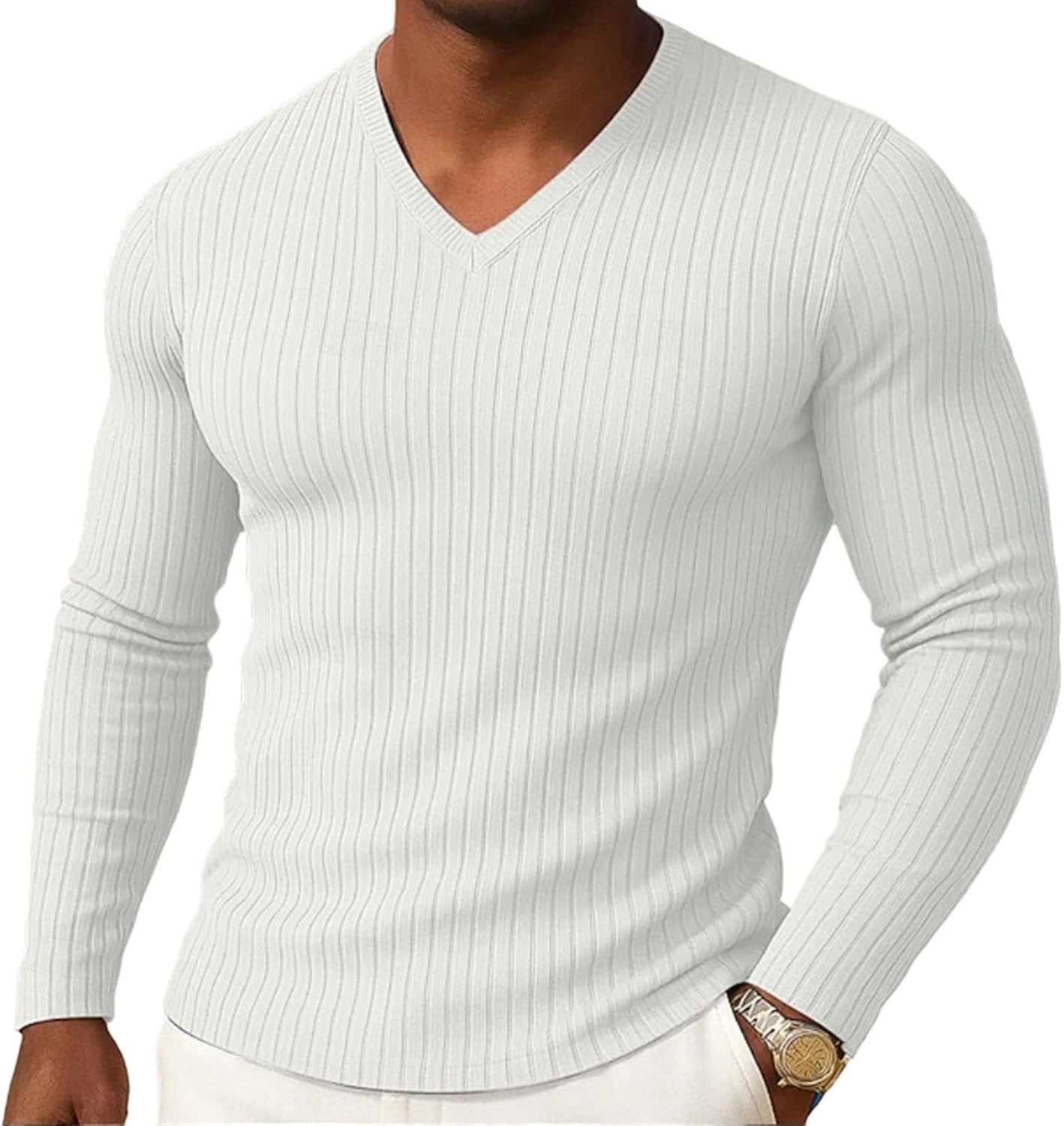 Men's Casual V Neck Shirt Brushed Rib Long Sleeve Slim Fit Pullover