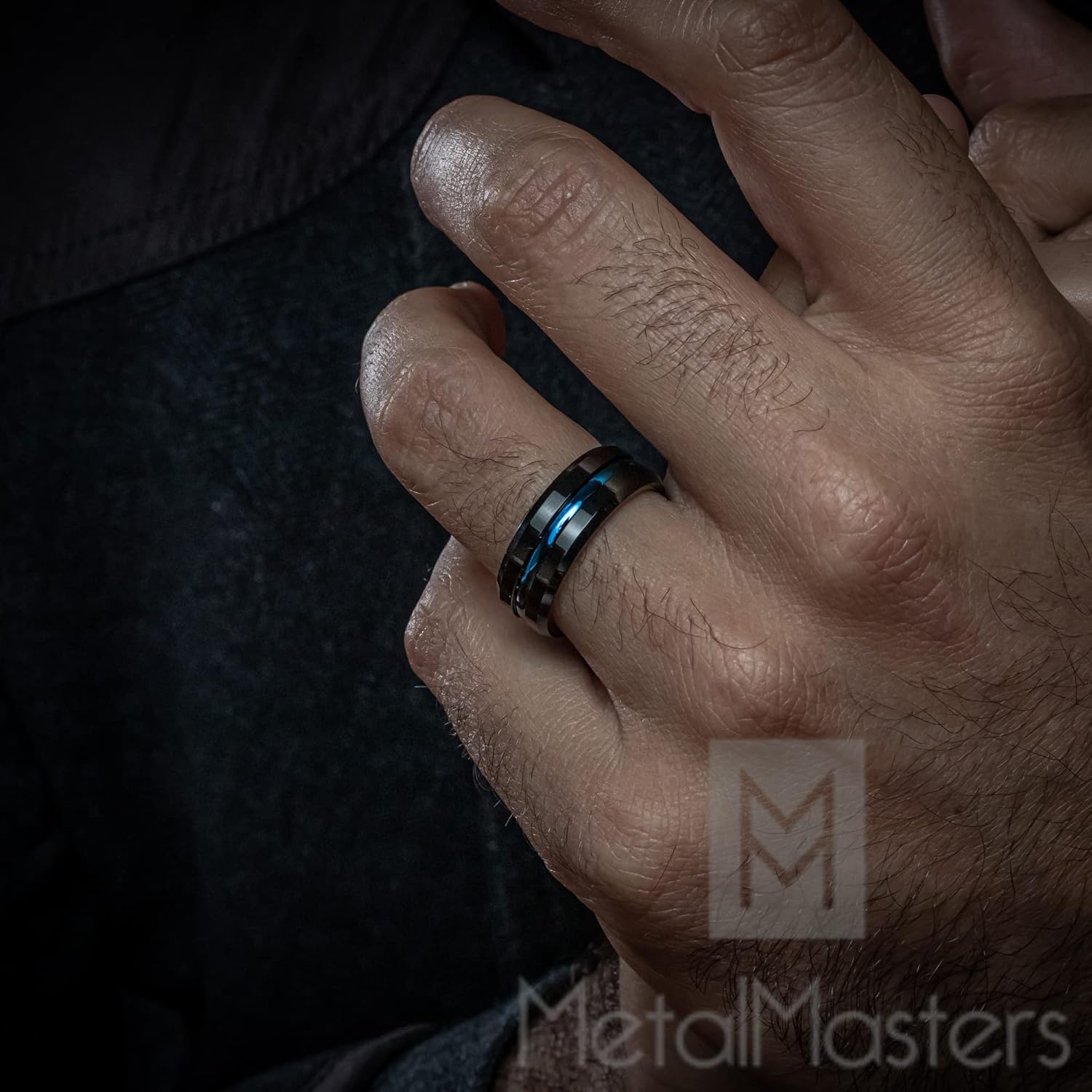 Men's Tungsten Carbide Black and Blue Wedding band Engagement Ring with Grooved Center, Comfort Fit 8mm