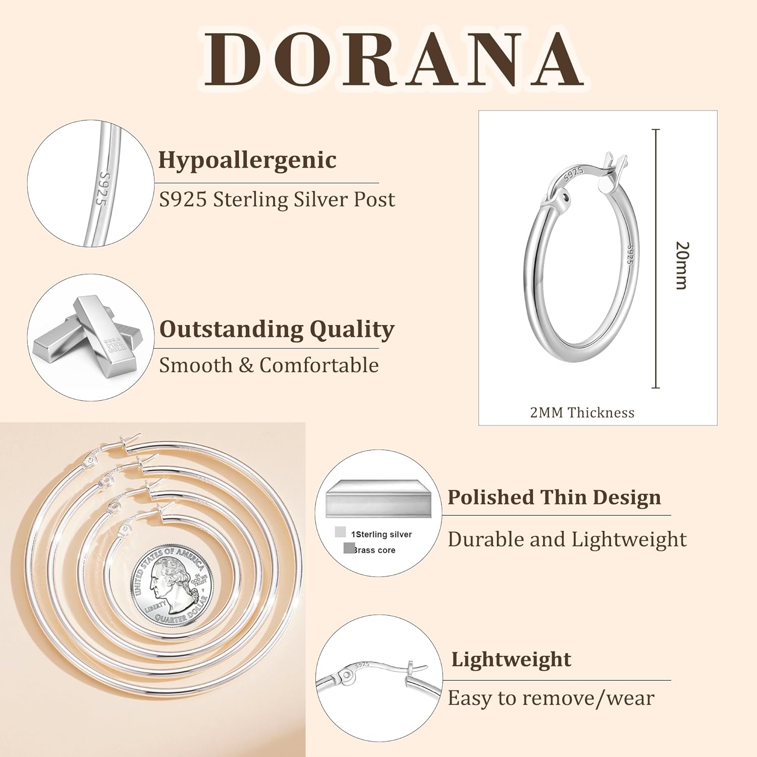 Valentines Gifts for Her 2mm Thin Large S925 Sterling Silver Hoop Earrings for Women Hypoallergenic Big Hoop Non Tarnish Earrings Lightweight 20/30/40/50/60/70mm - Image 4