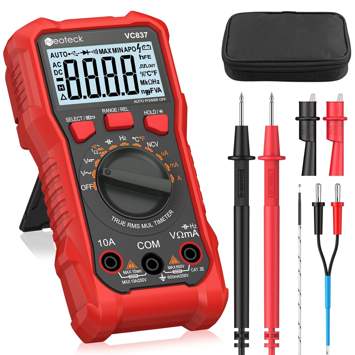 Neoteck Digital Multimeter Voltmeter Tester with NCV, LCD for AC/DC Voltage&Current, Resistance, Capacitance, Live Wire, Frequency, Temperature, Continuity, Diode Measuring (Red, 10A 6000)