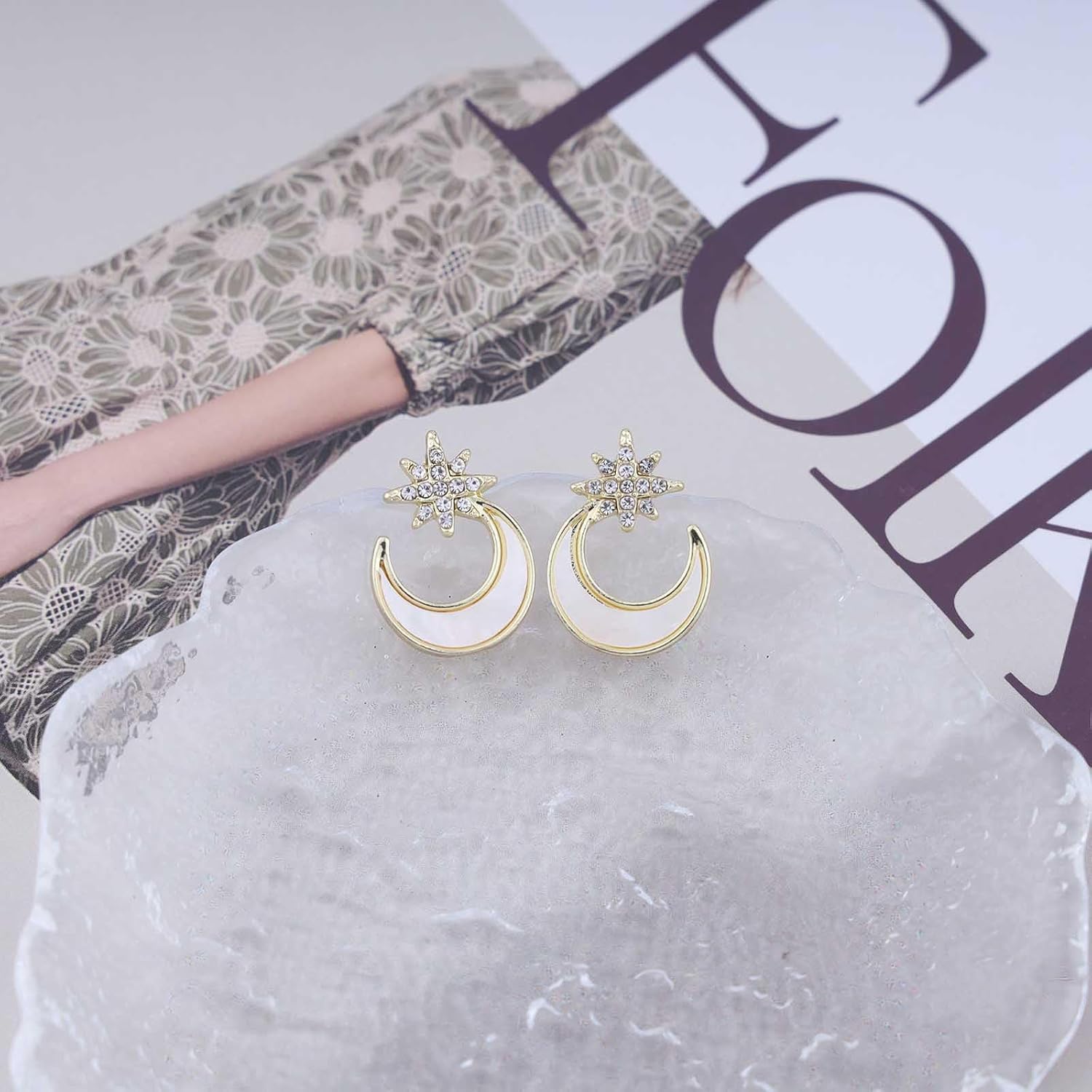 Andelaisi Boho Resin Moon Earrings Vintage Crystal Northstar Earrings Gold CZ Starburst Moon Earrings Personalized Half Moon Stud Earrings Jewelry for Women - Image 4