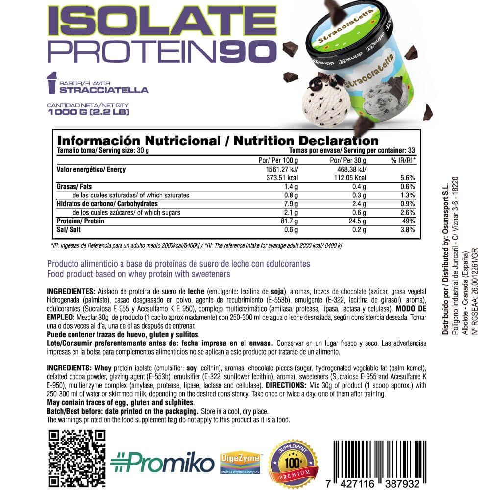 Protein Isolate 90 CFM - 1 Kg - Plus grande pureté - Idéal pour perdre du poids - Shake pour gagner de la masse musculaire - Récupération musculaire - Saveur Stracciatella