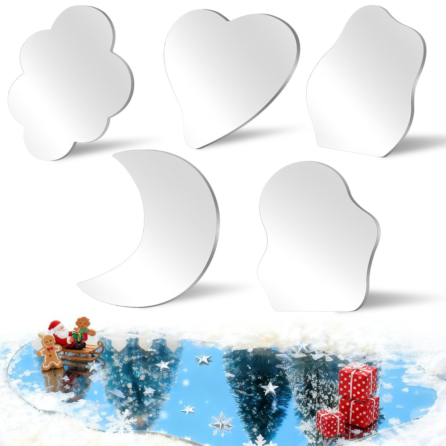 LSLYHTC 5Pcs Christmas Mirror Lakes, Curved Christmas Miniature Village Miirror Accessories or Display Platforms, Ice Skating Pond or Rink for Home Holiday Village Landscaping and Decorations