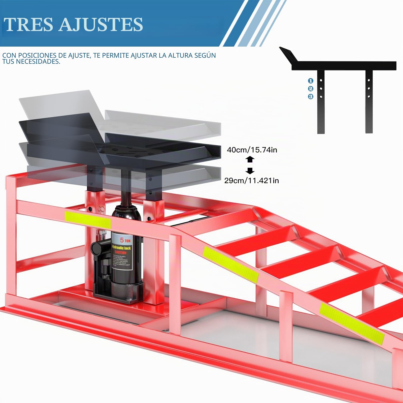 LARBANKE 2 Piezas Rampas de Carga Hidráulicas 5 Ton, Rampas para Coche con Tiras Reflectantes, Altura Ajustable de 24,9 a 38,1 cm, Elevador para Cambio de Aceite, Acero Reforzado - Rojo
