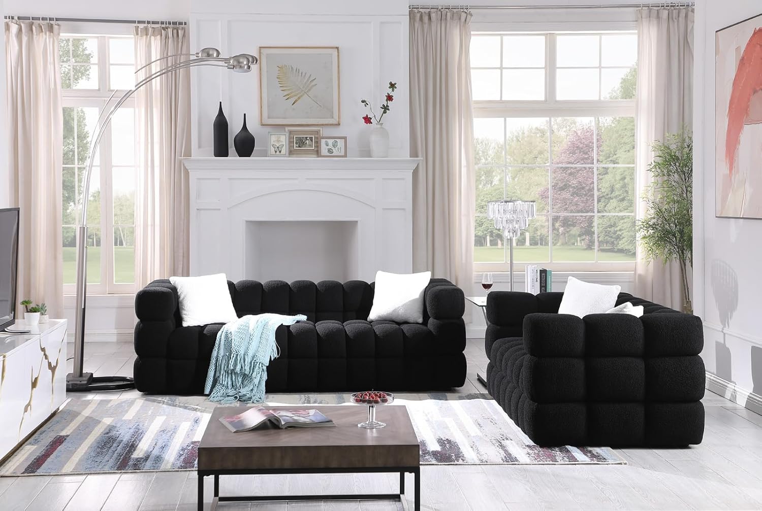 Modern Living Room Sofa Set with Loveseat and 3 Seater Marshmallow Sofa Couch Set Upholstered Comfy Teddy Couch with Square Armrest 2 Pillows and Deep Seat Design for Office, Black