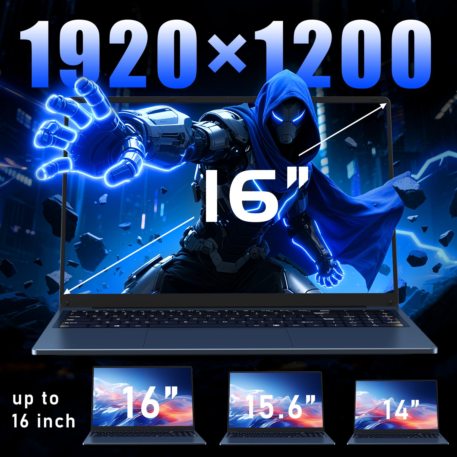 Ordenador portátil 16 GB RAM 1 TB SSD 16 Pulgadas Profesional Pc portátil N150 3,6 GHz, Win 11 Pro, 1920 x 1200 p, 6000 mAh, Teclado retroiluminado - Estudiante/Oficina/Negocio — view 3