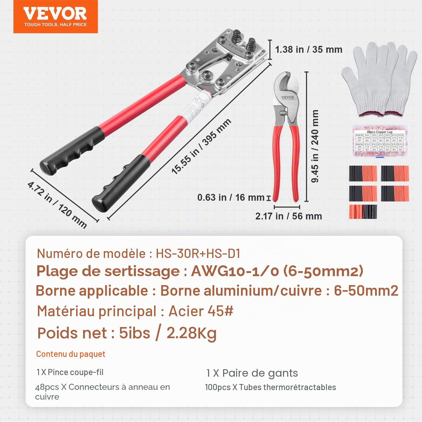 VEVOR Pince à Sertir 6/10/16/25/35/50 mm² Outil de Sertissage Cosses de Câbles Batterie Aluminium Cuivre AWG10-1/0 avec Coupe-câble 6 Tailles Sertissage 48 Connecteurs Anneau Cuivre pour Électricien