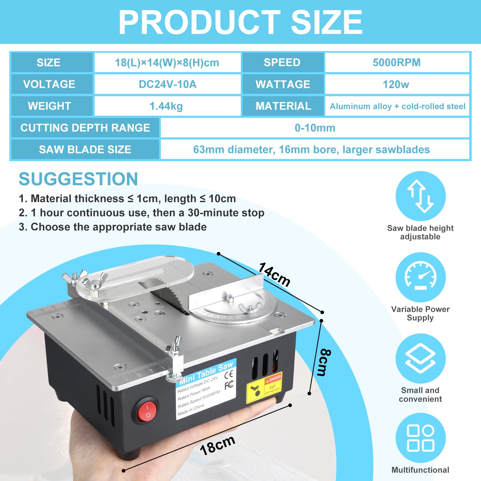 EFUTURETIME 96W Mini Scie Circulaire de Table avec 4 Lames, Coupe Réglable 0-10 mm, Alimentation Électrique