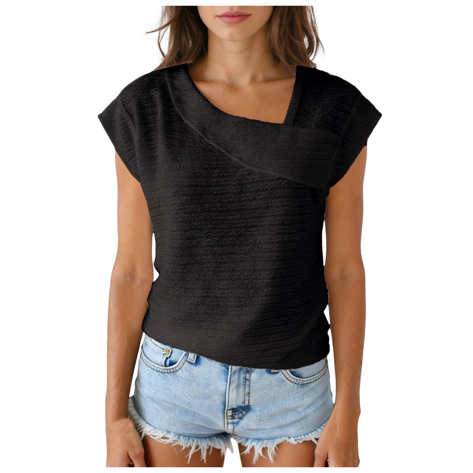 Womens Short Sleeve Shirts Casual Slim Fit Asymmetrical Neck Basic Tees Lightweight Breathable Stretchy Tops for Women Spring Summer Daily Wear