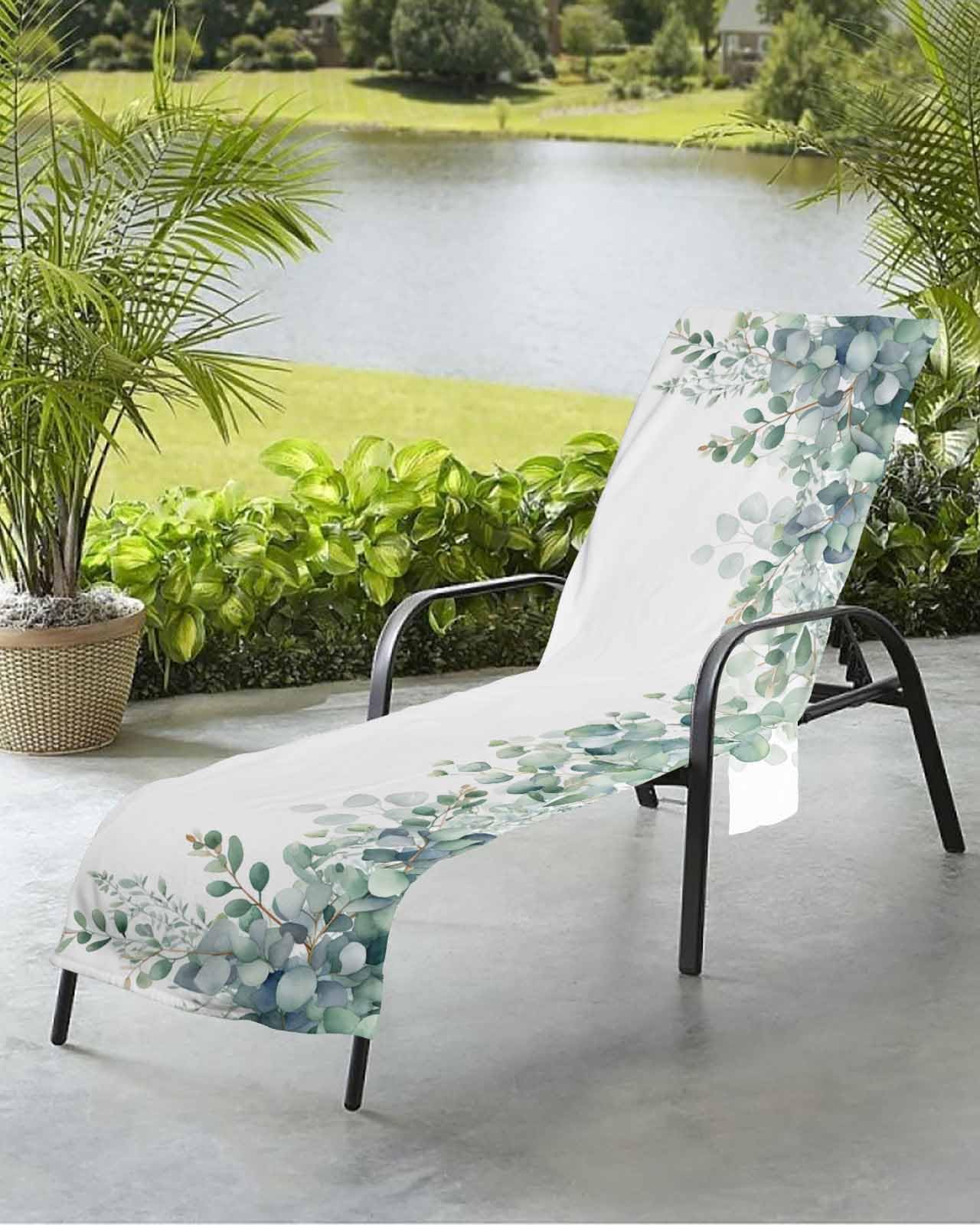 Green White Eucalyptus Beach Chair Towel Covers for Chaise Lounge with Side Pocket, Soft Plush Pool Towels Cover for Patio Sunbathing Outdoor 29''x85'' Watercolor Leaves Simple White