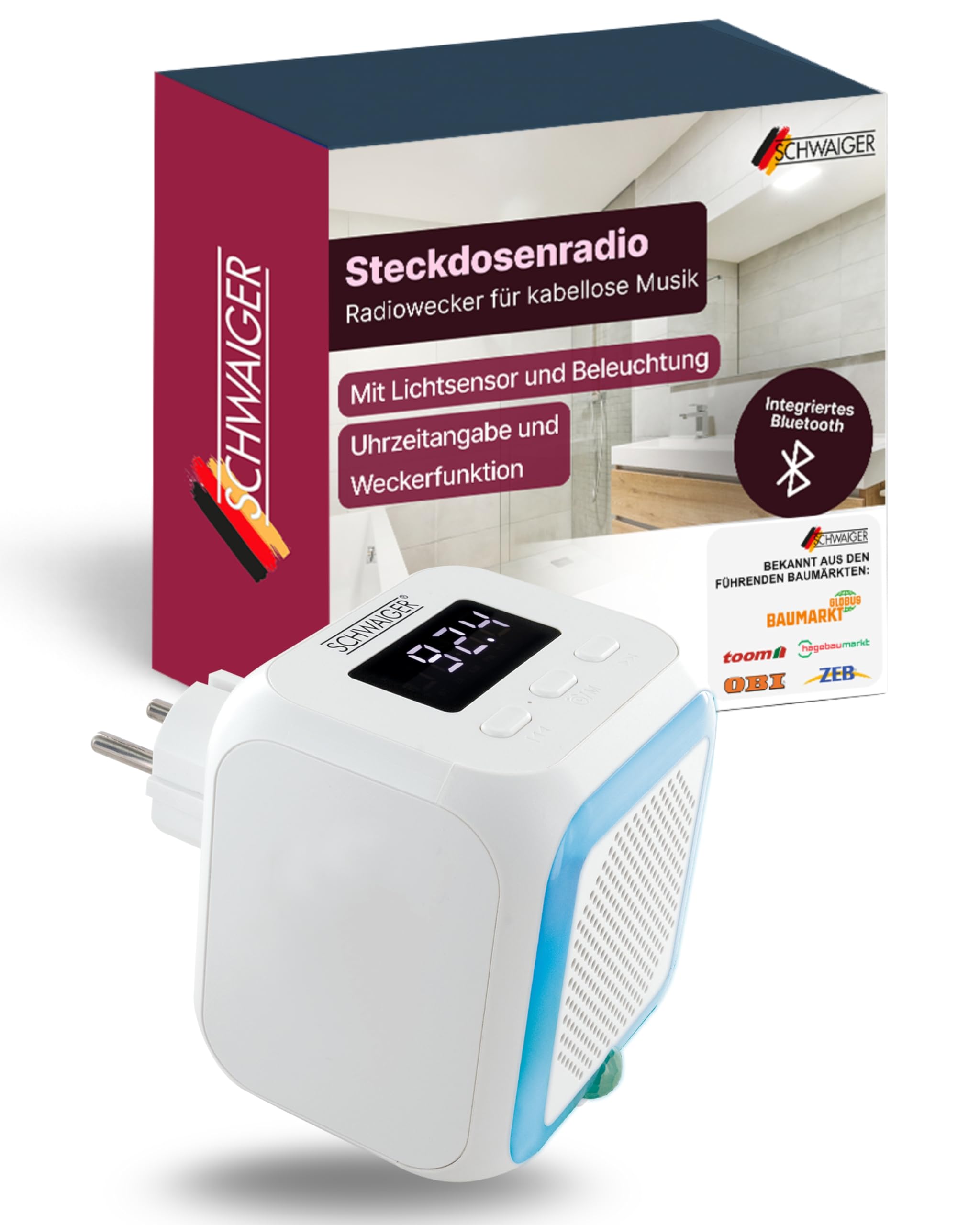 SCHWAIGER Steckdosenradio I Radiowecker für kabellose Musik I mit Lichtsensor & Beleuchtung I UKW-Radio mit Bluetooth 5.2 I Uhrzeitangabe & Weckerfunktion I für Badezimmer, Küche & Schlafzimmer