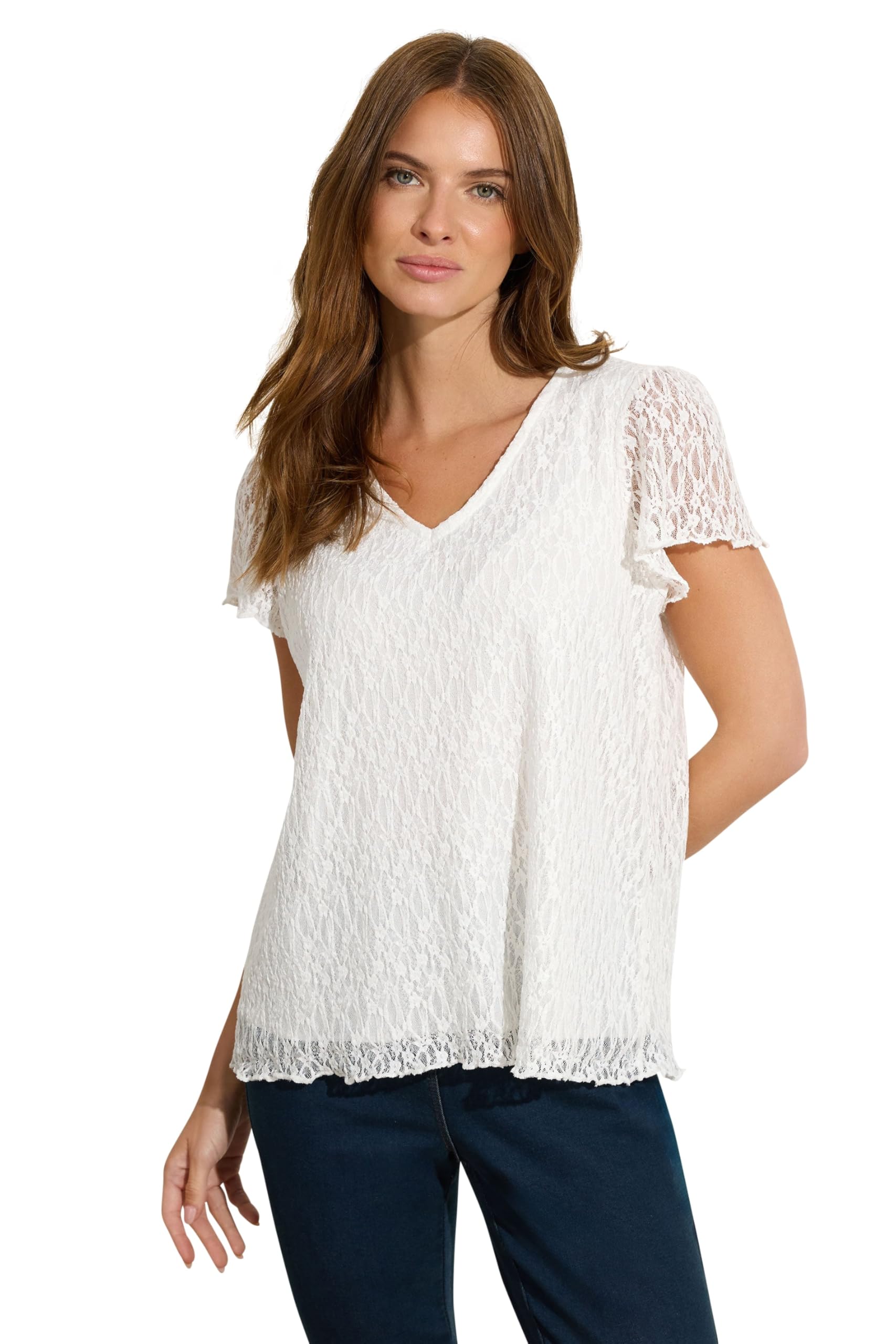 M&Co Women's White Floral Lace V-Neck Top In | : Size 18