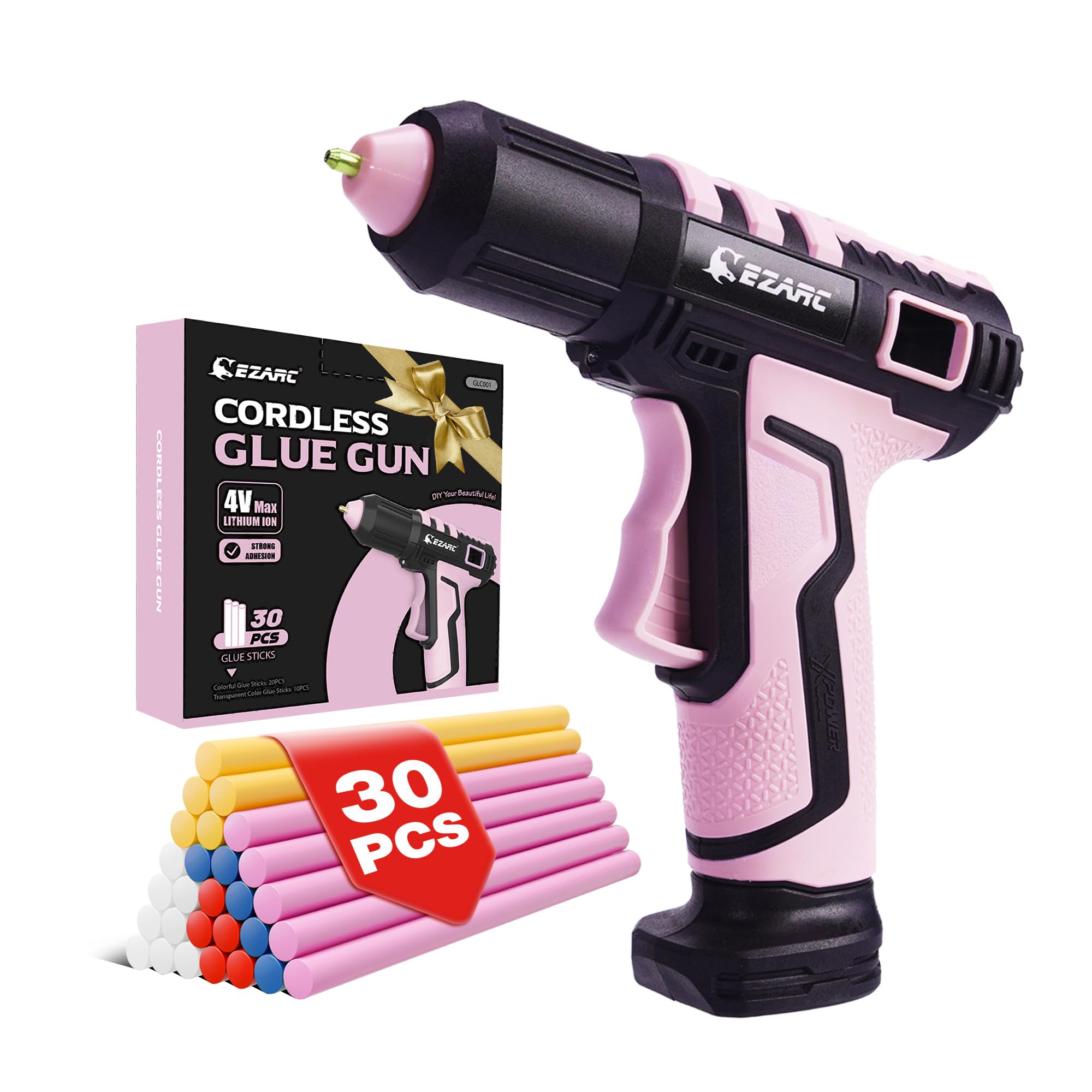 ezarc cordless hot glue gun, 15s heating fast glue gun kit with 30 pcs mini glue gun sticks, automatic-safety-power-off, built-in 2500 mah lithium-ion for art, crafts, decorations, home repairs