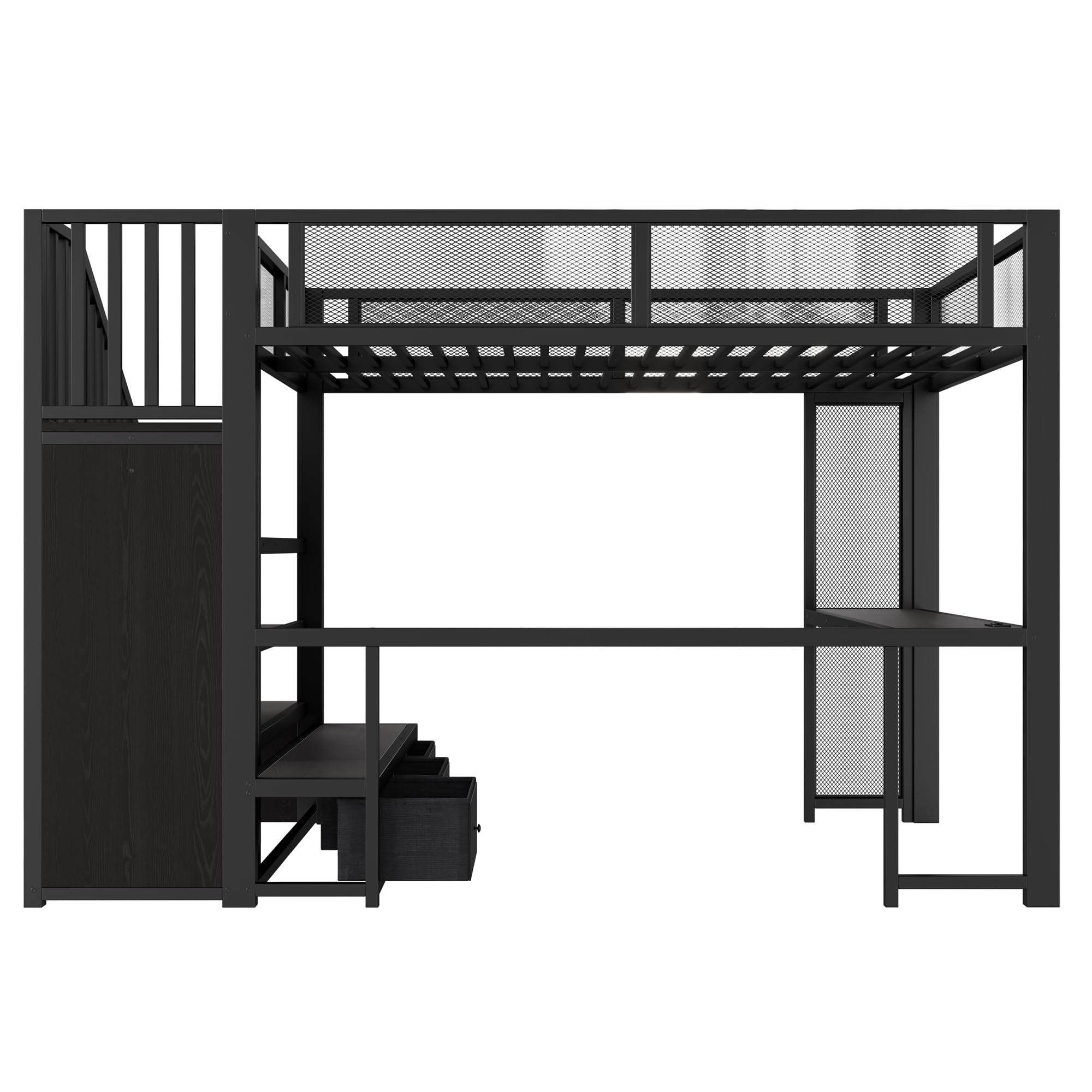 Lcoho Cama alta de metal para niños, 140 x 200 cm, con escalera, espacio de almacenamiento, puerto USB, escritorio, armario abierto y 3 cajones, color negro.