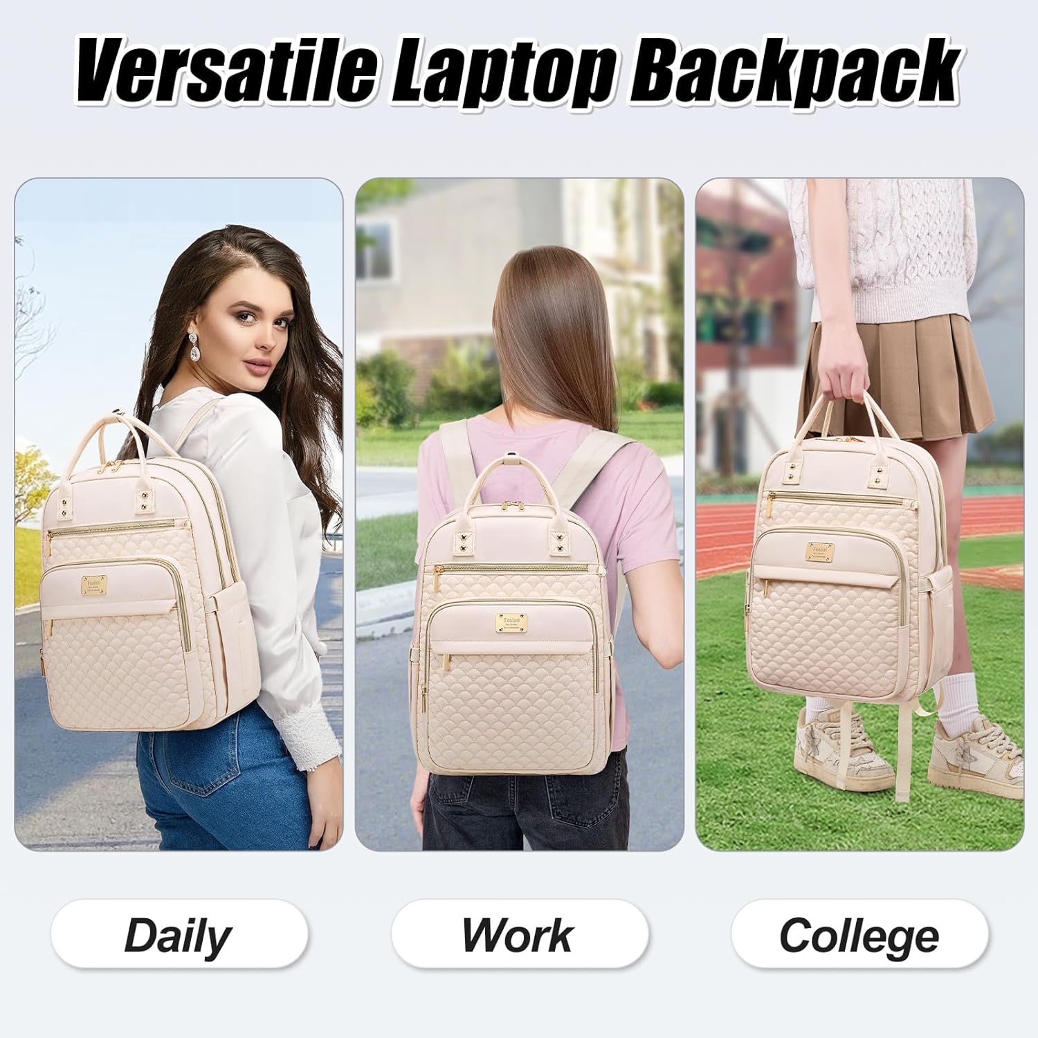 Laptop Backpack for Women,15.6 Inch Laptop Backpack for Work,Water Resistant Travel Backpack,College Bookbag with Wallet (Beige) - Image 7