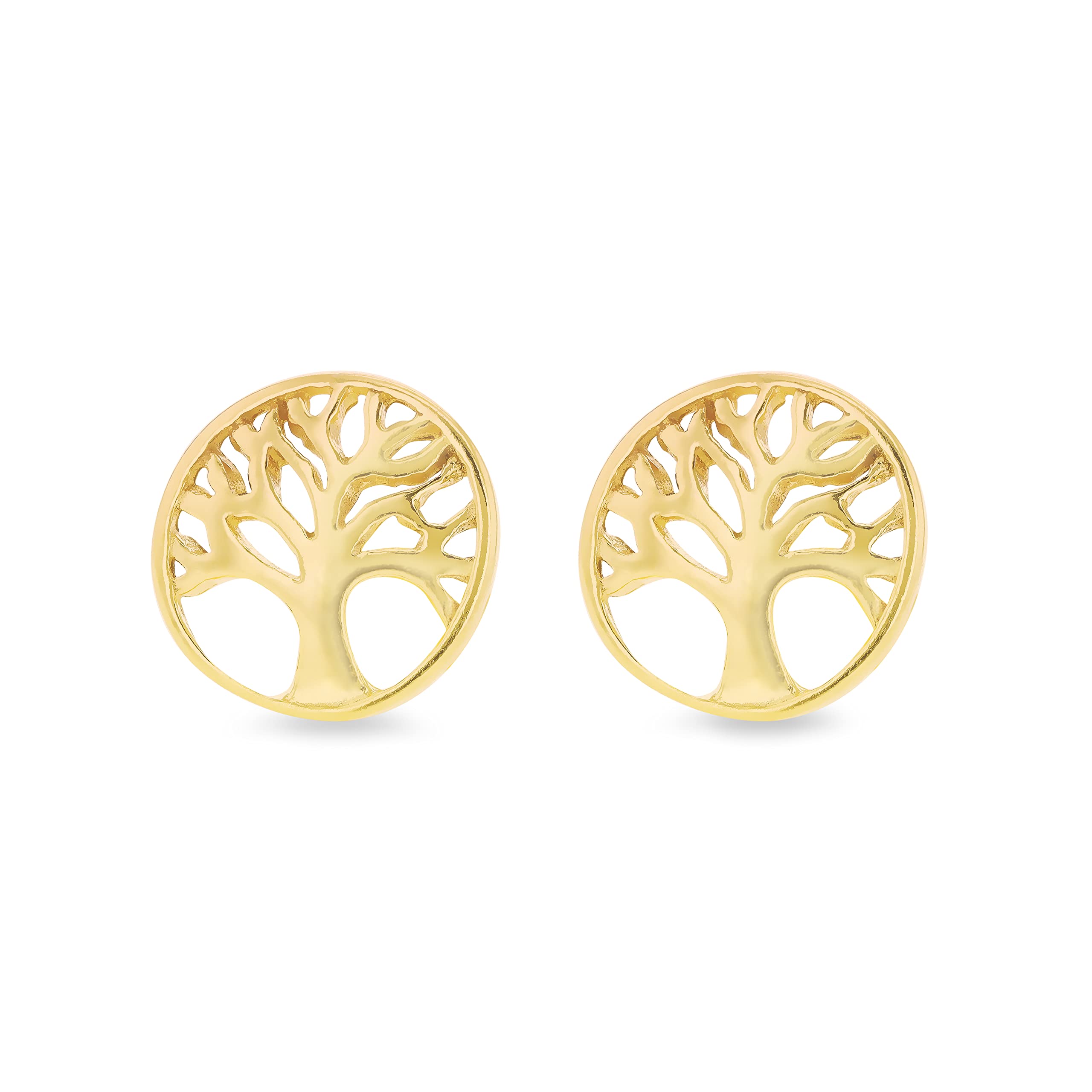 Tuscany Silver Pendientes de tuerca para mujer, plata de ley, chapados en oro amarillo, 8 mm, diseño de árbol de la vida, Plata de ley
