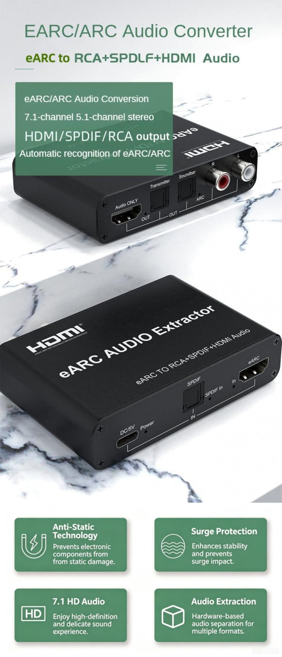 Ekstraktor audio HDMI eARC ARC, Dolby Atmos 7.1-kanałowy konwerter audio, adapter rozgałęźnika HDMI 720P eARC na RCA SPDIF do TV, odtwarzacza DVD i listwy dźwiękowej
