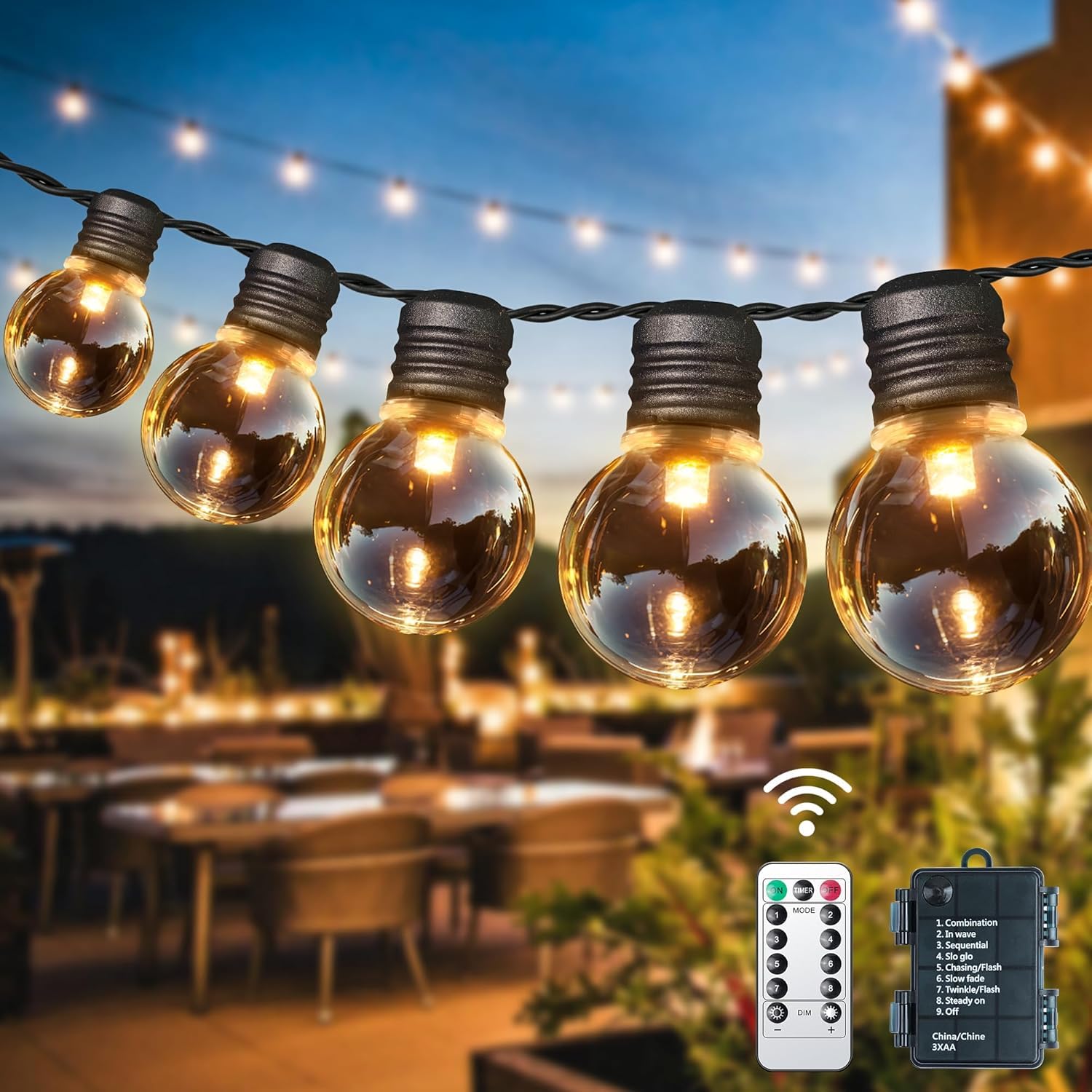 aurogeek Batteria Catena Luminosa Esterno, 9M/30FT 20pcs G30 LED lampadine Esterni Stringa Luci Impermeabile, 8 Modalità con Telecomando Decorazione per Matrimonio Balcone Giardino
