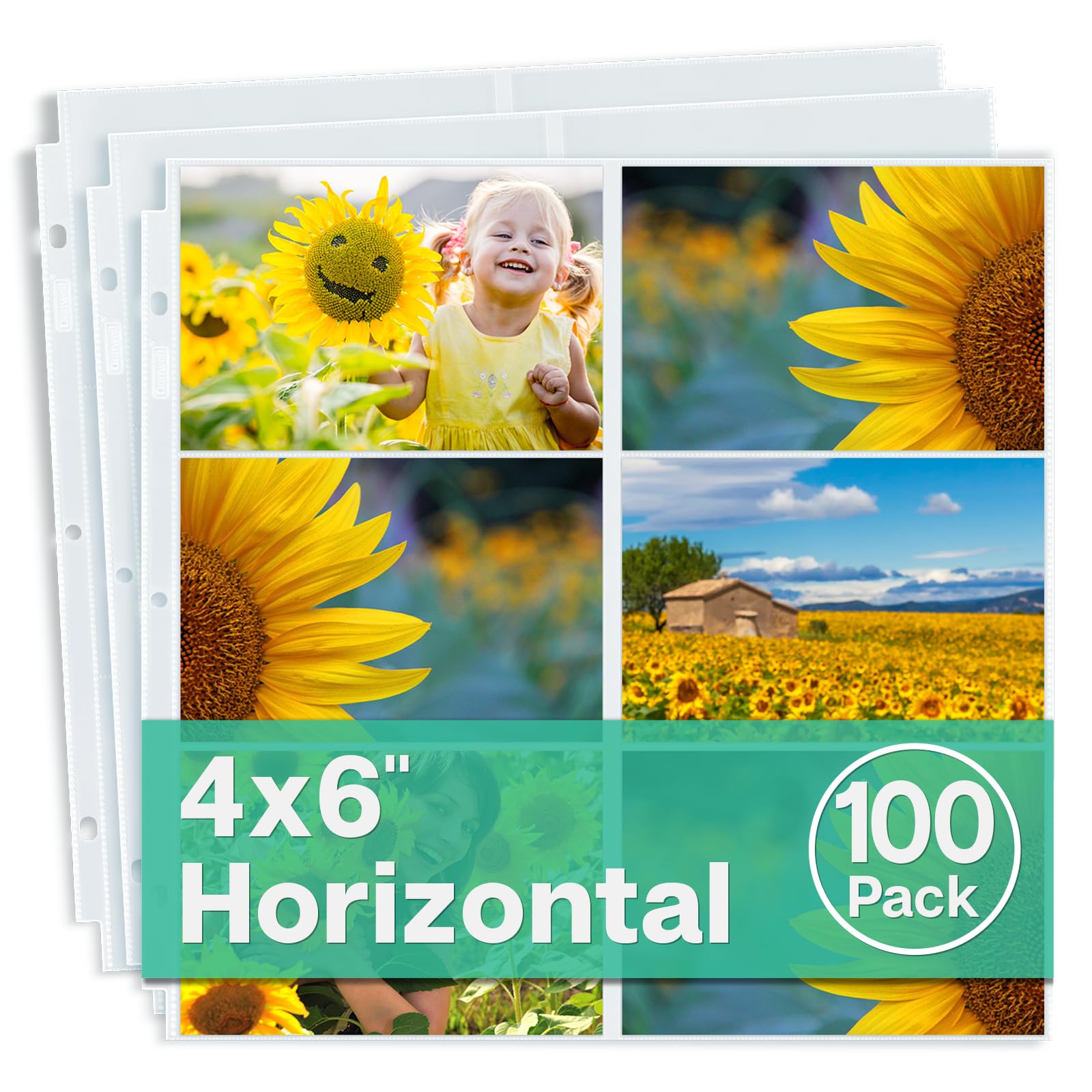 Dunwell Photo Album Refill Pages 12x12 - (4x6 Landscape, 100 Pack) Holds 1200 4x6" Photos, 4x6 Photo Sleeves for 3 Ring Binder, D-Ring Scrapbook Album 12x12,Archival Quality Page Protectors 12x12