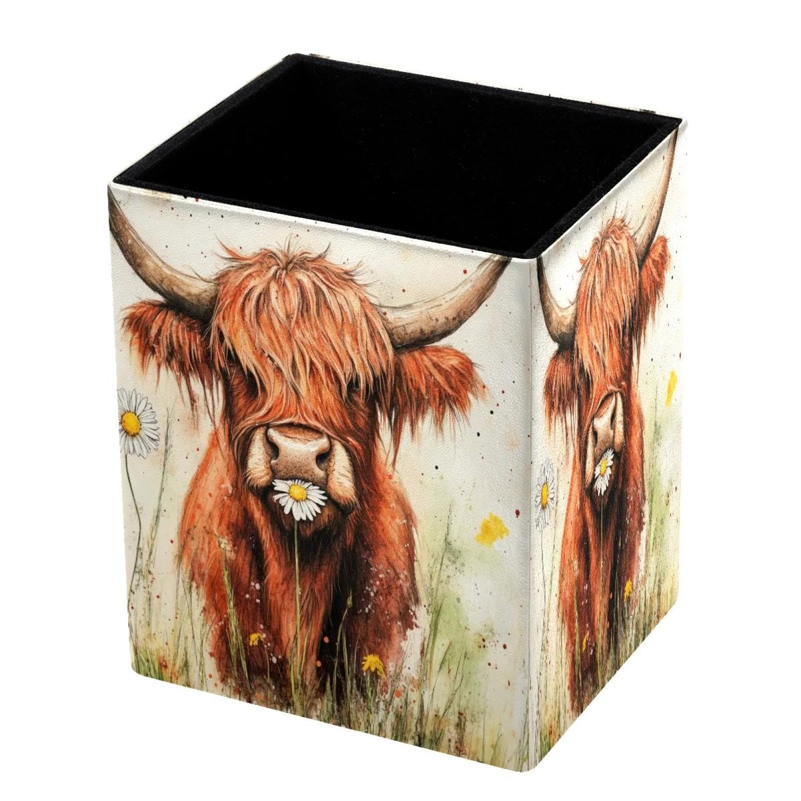 DragonBtu Desktop Pencil Holder, Watercolor Cow Rectangular Pencil Cup, Pencil Storage Bag Office Desk Supplies Case for School, Kids