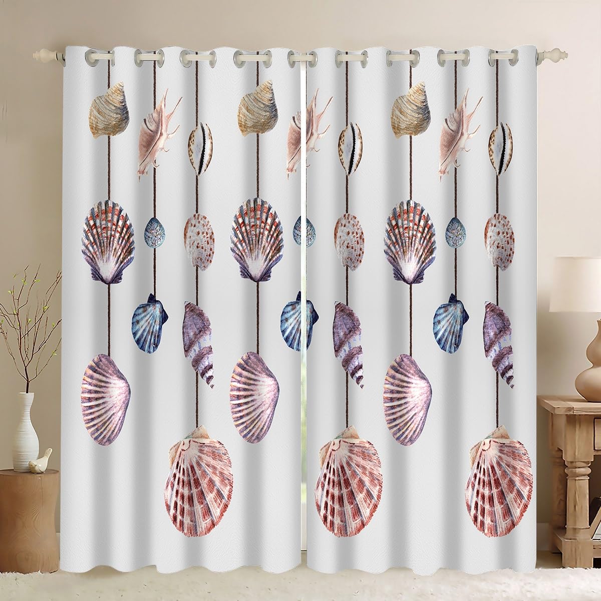 Ykncxzy Nautical Coastal Curtains, Ocean Themed Beach Sea Shell Wind Chimes Shell Print Window Drapes 2 Panels Eyelet Thermal Window Curtains for Living Room Bedroom, W29.5 x L65.3 x 2 Panels