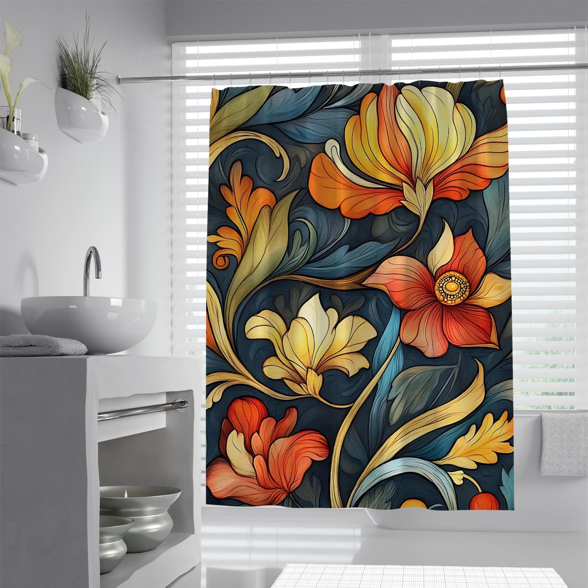 OLLIAR Home Boho Botanical Shower Curtain 180x180 Mid Century Morden Abstract Flowers Aesthetic Bathroom Curtain Waterproof Fabric Bathroom Accessories with Hooks