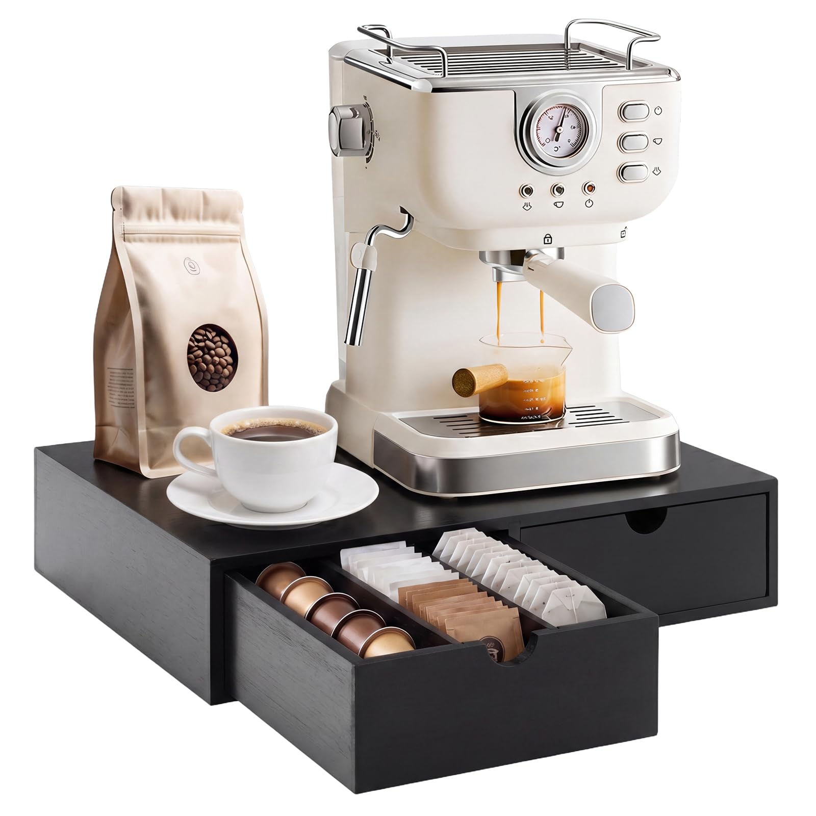 Cassetto porta cialde in legno, organizer per capsule di caffè, organizer per tazze da tè, 30 cialde, stazione da caffè da banco per supporto macchina, nero