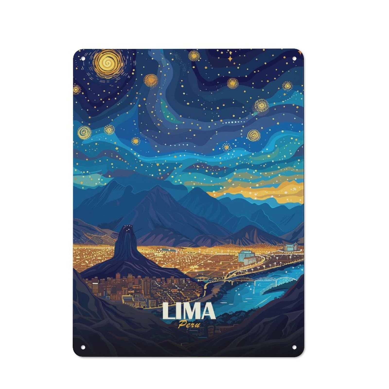 Lima, Peru Cityscape at Night Tin Sign 40x30cm, Creative Studio Wall Plaque for Hobby Room, Office, Lounge Or Living Room