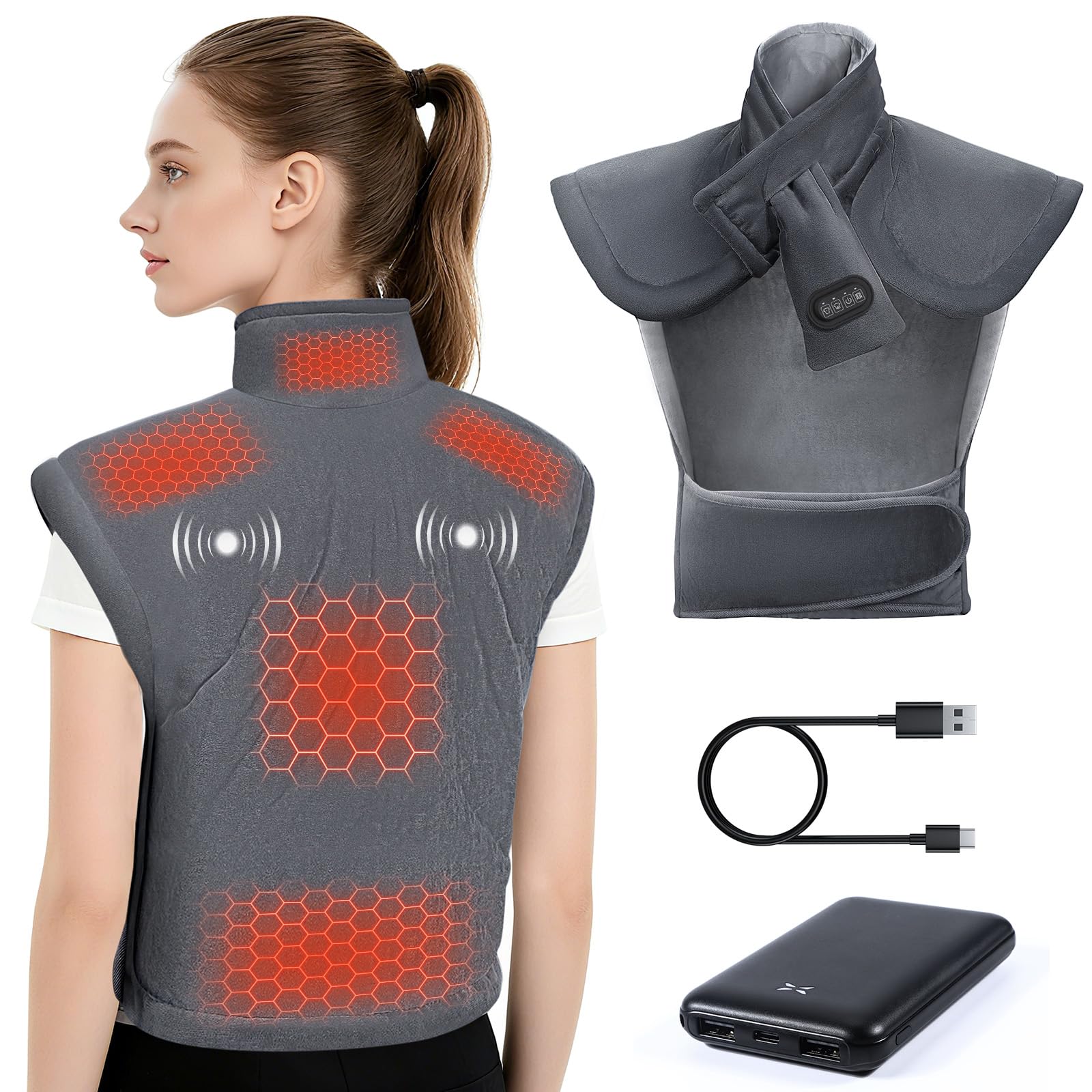 Coussin Chauffant avec Batterie 10000mAh 3 Niveaux Réglage Température 3 Modes de Massage Arrêt Automatique