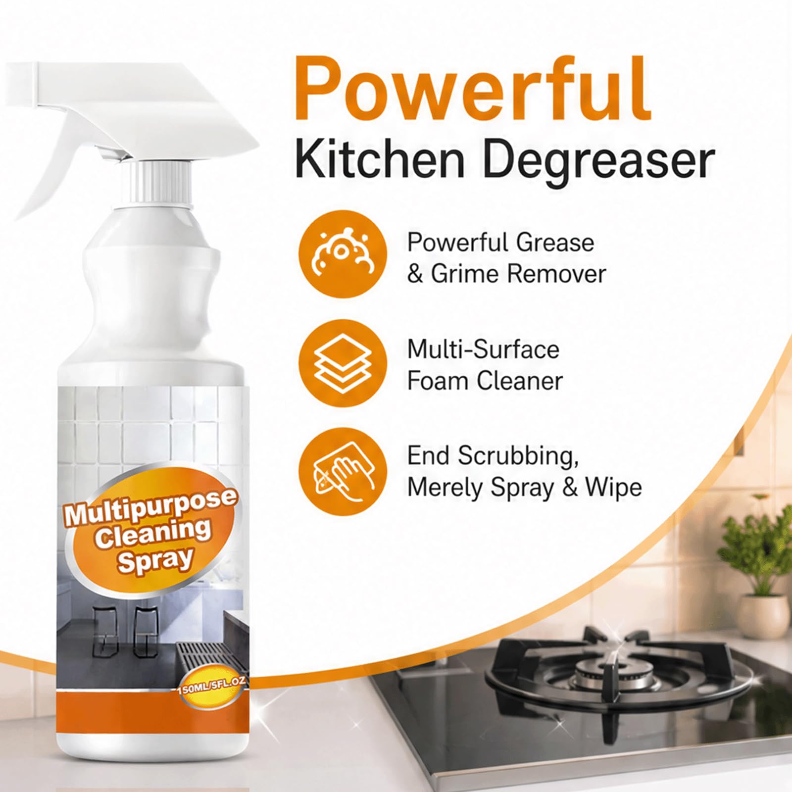 Spray detergente in schiuma da cucina multiuso, spray sgrassante per impieghi gravosi, potente rimozione del grasso, detergente multiuso, schiuma a bolle senza scrub, spray multisuperficie (5 pezzi)
