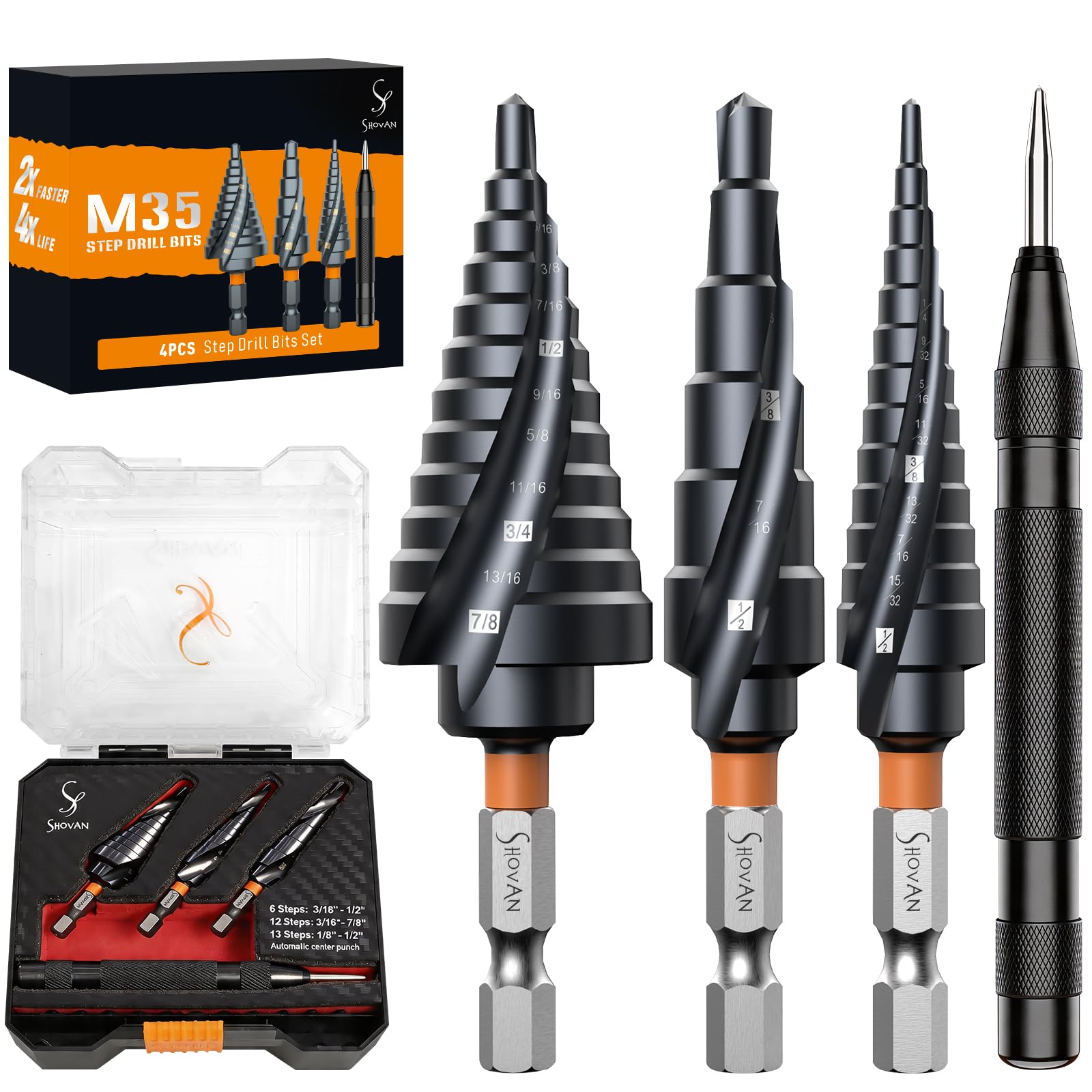3PCS Premium HSS & Cobalt Spiral M35 Step Drill Bit Sets (1/4"-7/8"), TiAlN Coated for Superior Durability, Cone Drill Bit with Automatic Centre Punch for Sheet Metal, Stainless Steel, Plastic and DIY