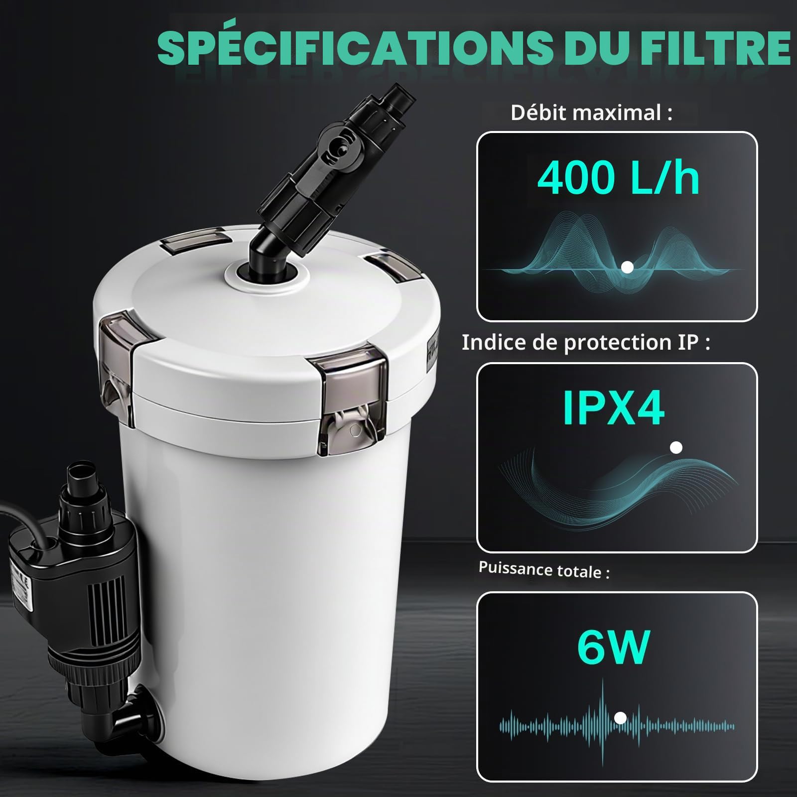 EXLECO Filtre Aquarium Externe Réglable 400L/H 6W, Silencieux Pompe a Air Aquarium avec Matériel de Filtration, pour Réservoir Jusqu’à 150 L, pour Poisson Rouge, Tortue Deau, HW-603B
