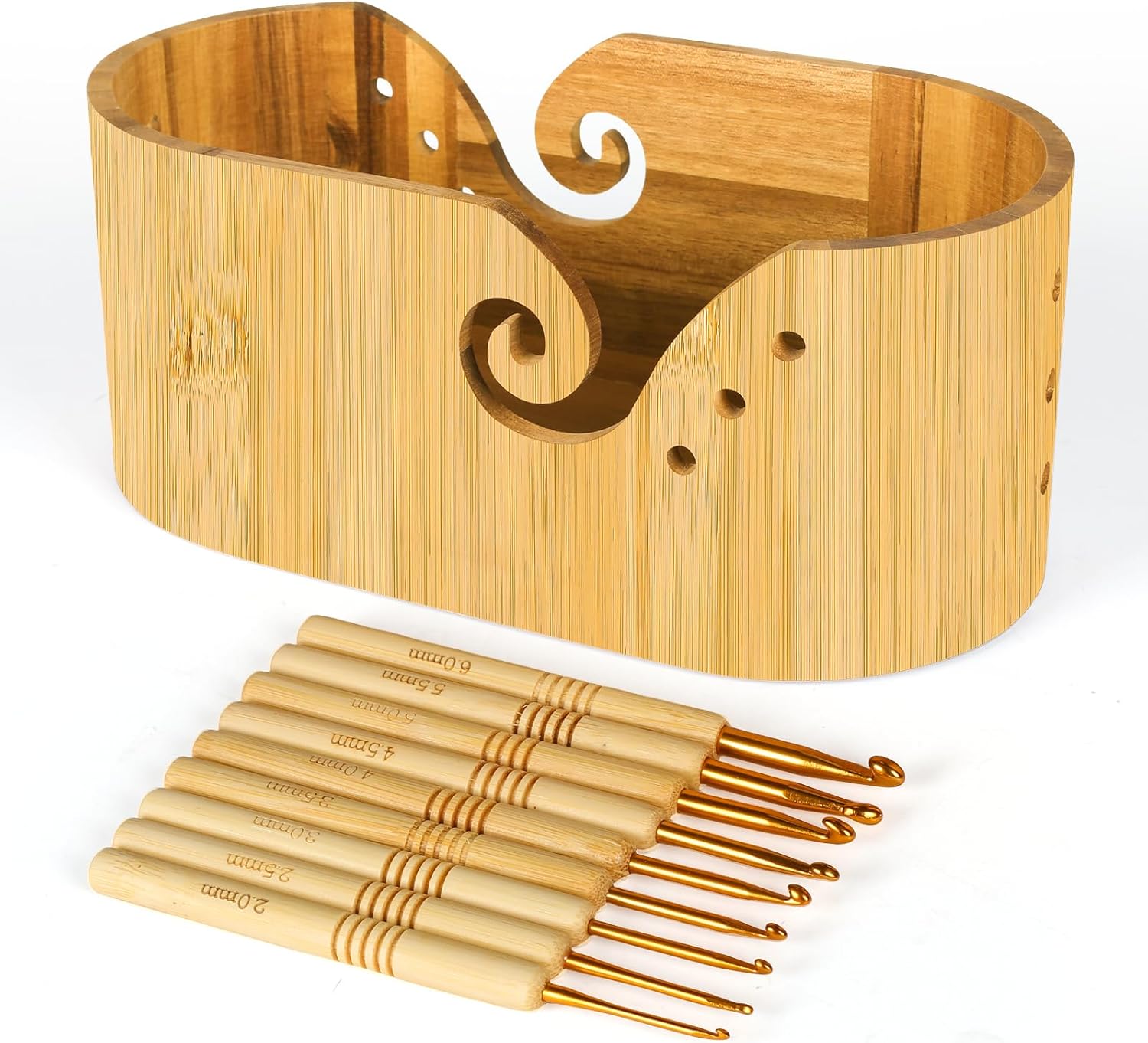 Bamboo Knitting Bowls for Yarn, Oval Crochet Yarn Holder with 9PCS Knitting Hooks, Yarn Storage Crochet Bowl for Crocheters, Large Yarn Bowl for Crocheting Knitting Lovers Beginners 11.3 X 5.9 X 4.7” Bamboo Yellow