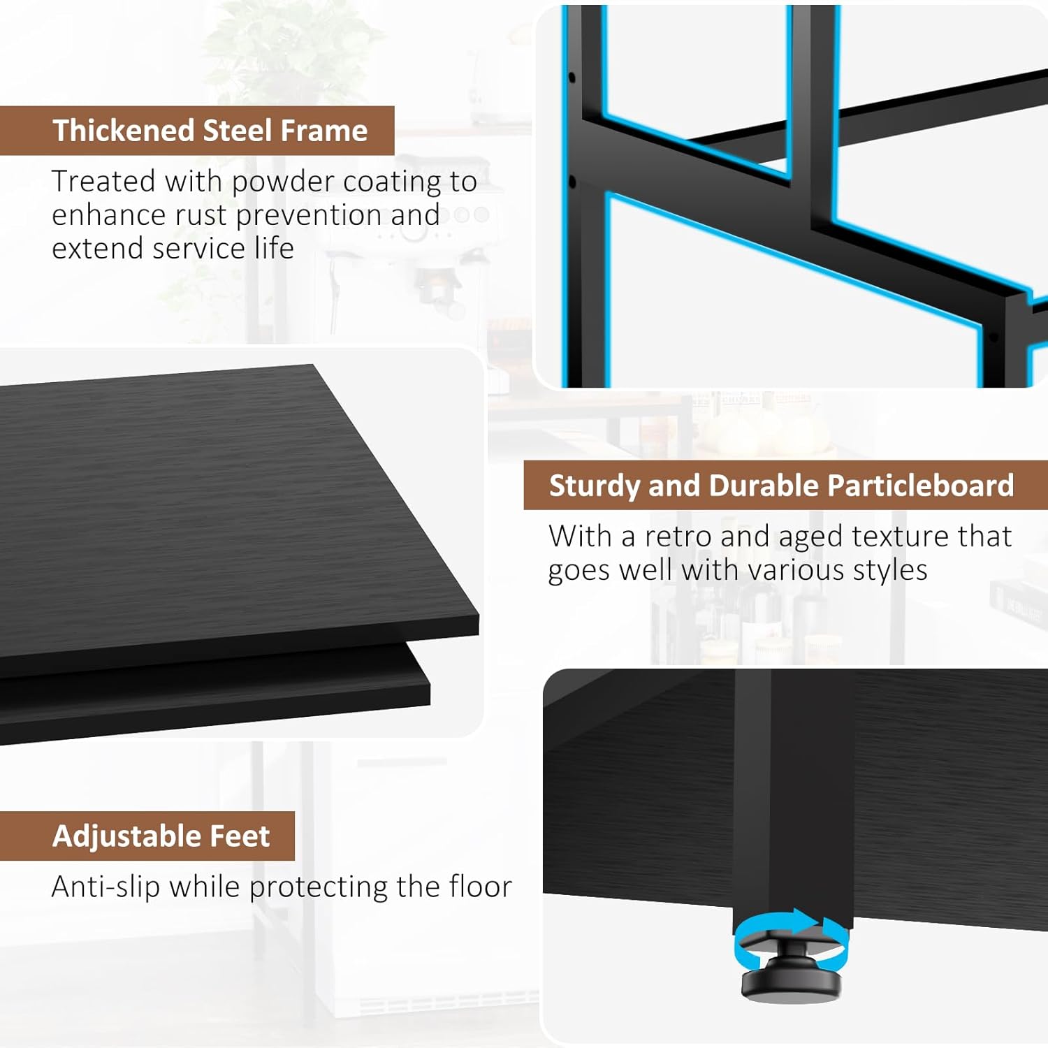 Mini Fridge and Microwave Stand Over Refrigerator Storage Shelf with Power Outlet, 5 Tiers Adjustable Bakers Rack Cabinet Coffee Bar Appliance Organizer for Dorm Office,Black