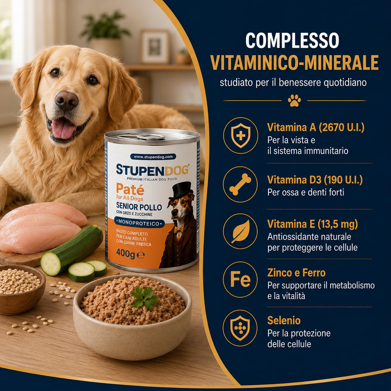 STUPENDOG Pâté senior au poulet avec orge et courgettes – 94% poulet frais, avec glucosamine et chondroïtine – Nourriture humide naturelle pour chiens âgés, sans conservateurs (12x400g)