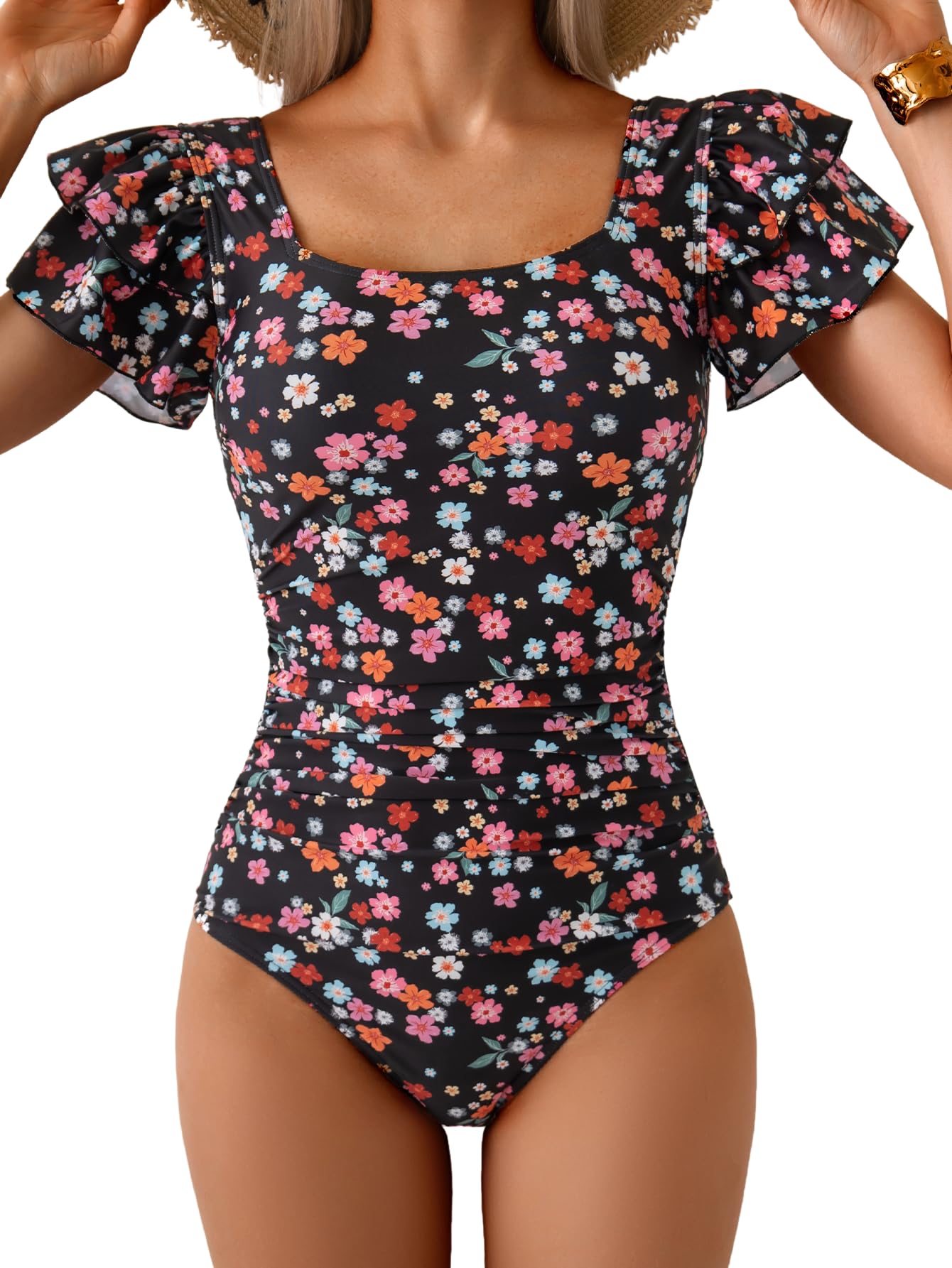 Eomenie Women's Ruffle Sleeve One Piece Swimsuit Tummy Control Bathing Suit | Square Neck, Ruched, Slimming, Modest, Cutout Back, Non-removable Padding
