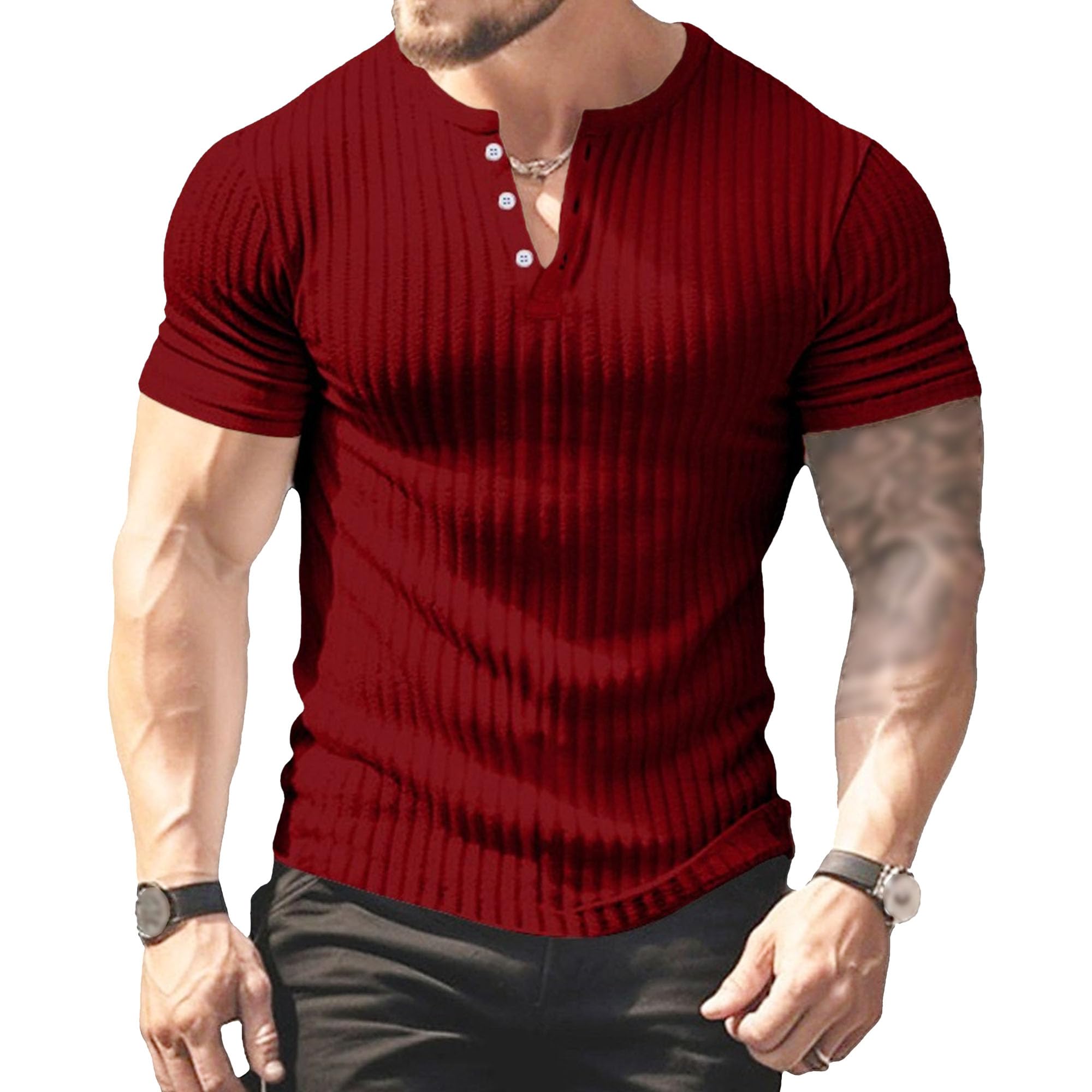 Men 3- Button Casual Knitted T-Shirt Slim Outdoor Leisure Knit Pullover Tops Summer Classic Solid Thin Polo Shirts (Wine Red,Large)