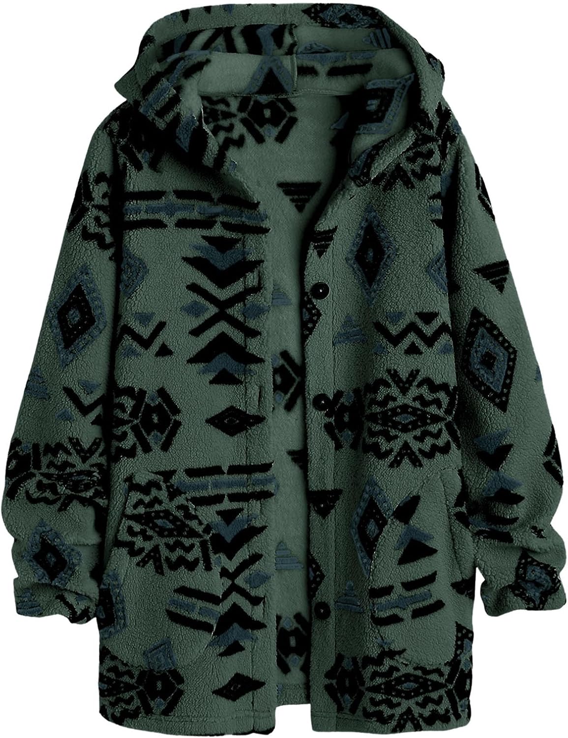 SELINK Womens Aztec Print Fleece Hoodie Jacket Button Down Shacket Casual Sherpa Coats Warm Outwear with Pockets