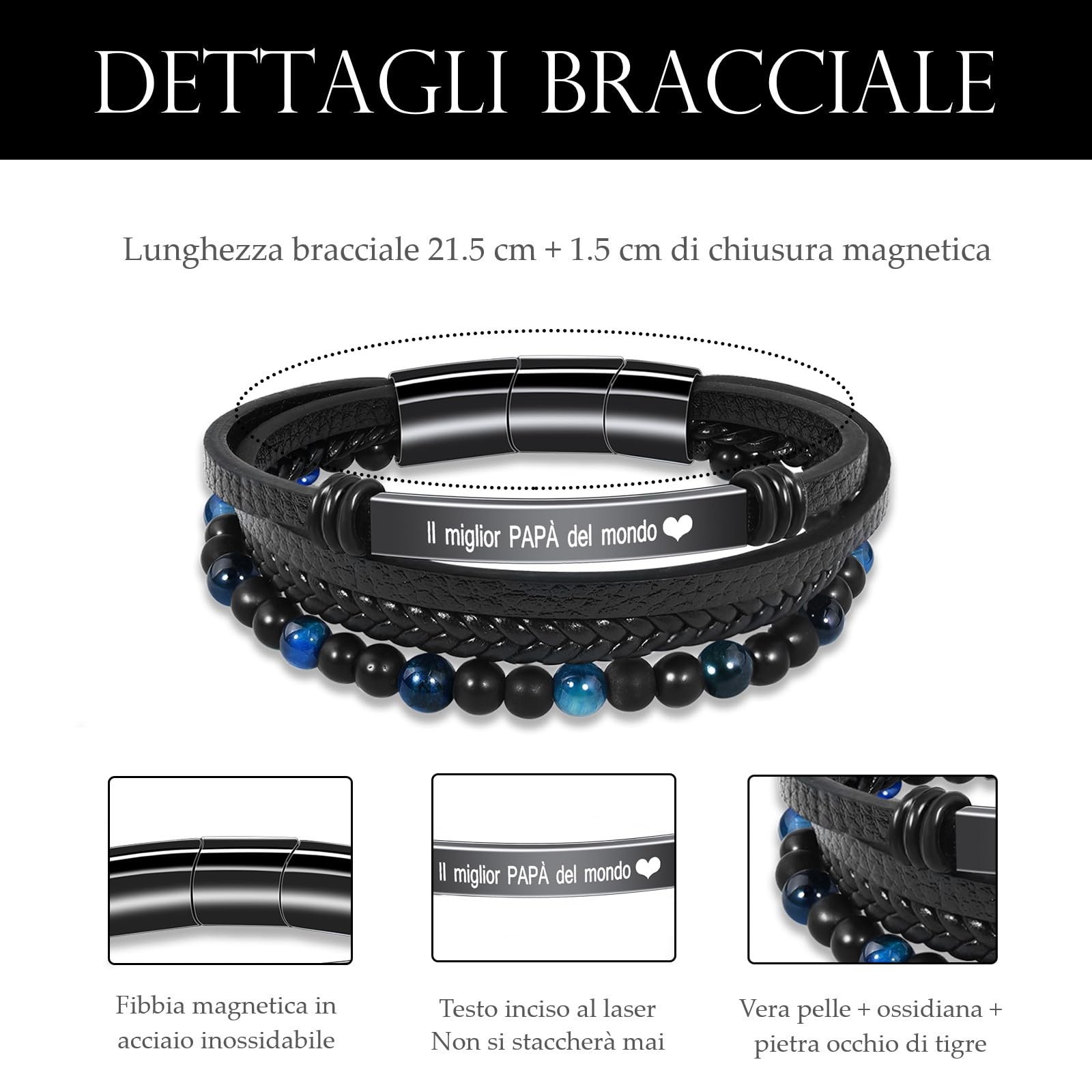 VGWON Regalo Uomo Bracciale da Uomo in Vera Pelle con Pietre Naturali, Regalo per Lui Marito Fidanzato Figlio Papà Nonno, Regalo San Valentino Compleanno Natale Anniversario