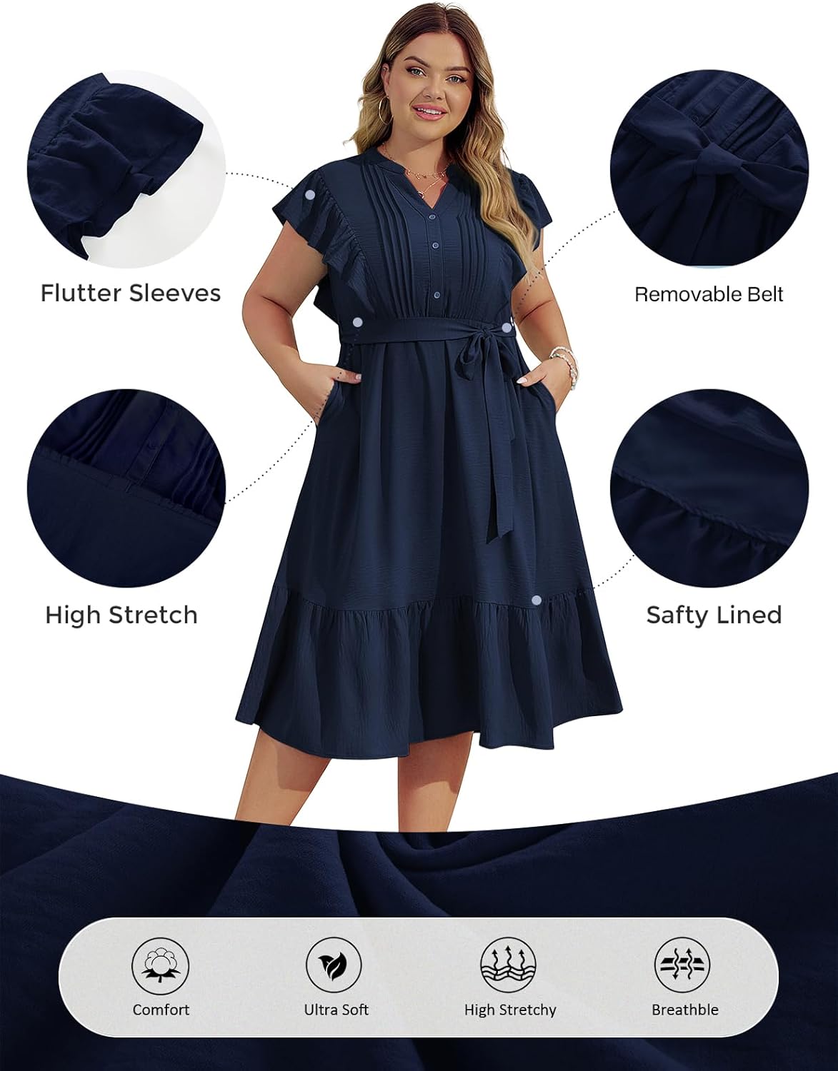 Hanna Nikole Womens Plus Size Summer Dresses A-Line Dress with Pockets and Elastic Waistline Short Sleeves Dress - Image 4