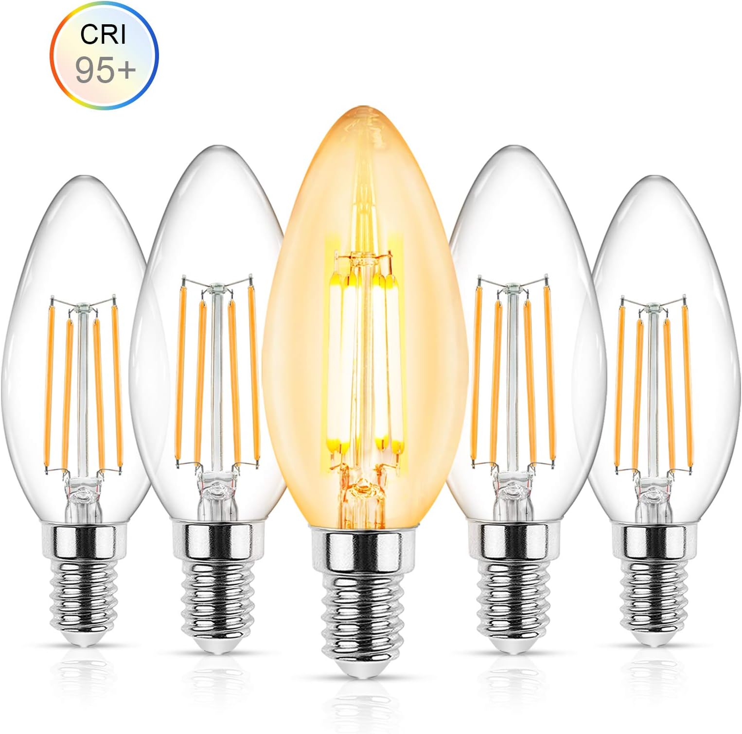 Reteck E14 LED Filament Candle Light Bulbs, 450LM, 95+CRI, 40W Incandescent Bulbs Equivalent, Warm White, Small Edison Screw Filament Candle Light Bulb, AC220-240V, Non-Dimmable, (Pack of 5) [Energy Class A+]