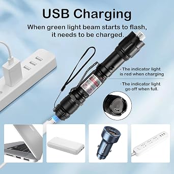 Green Light Flashlight Rechargeable, Long Range Adjustable Focus Tactical Beam for Outdoor Journeys, Camping, Presentations, TV/LED/LCD Screens, and Stargazing