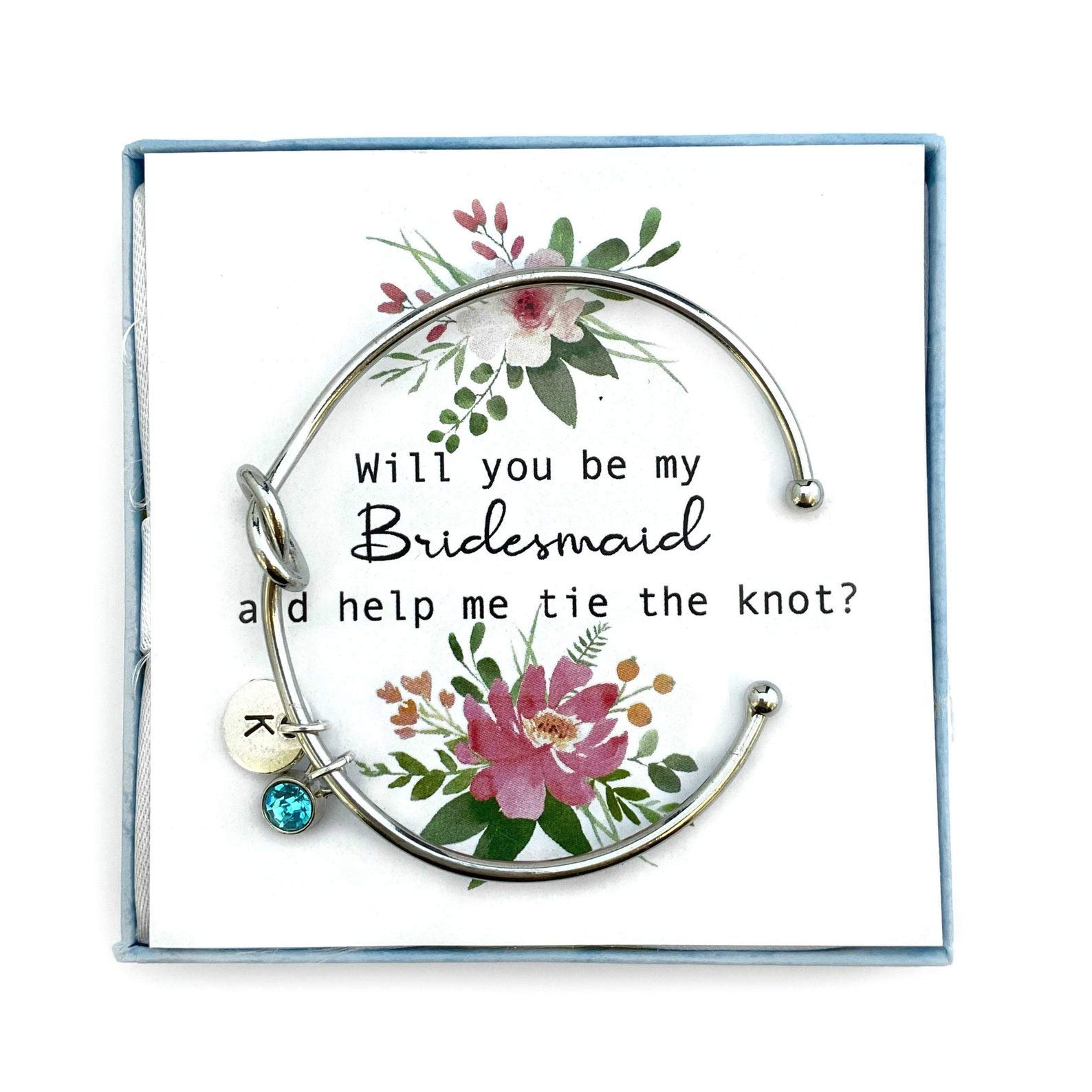 Personalised Bridesmaid Proposal Gift, Ask Bridesmaid, Bridal Wedding Party invitations, Will you be my Bridesmaid, Tie the Knot Bracelet, Love knot Bangle with initial charm