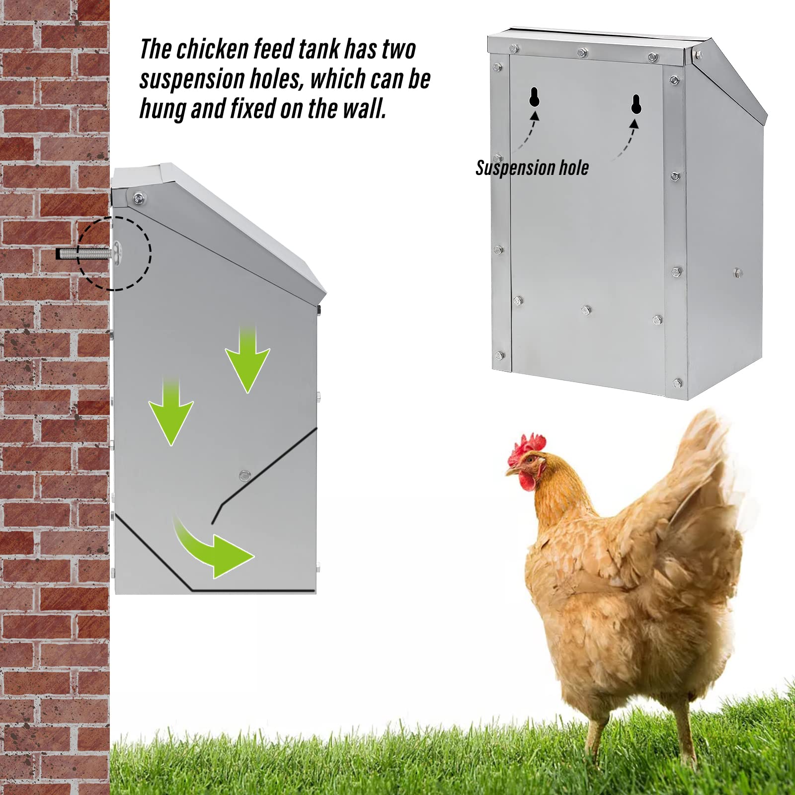 4.5kg Comederos de Pollo de Acero Inoxidable Sin Residuos Alimentador Automático de Aves de Corral con Tapa Alimentador de Montaje En Pared Resistente a La Intemperie Comedero de Gallinero