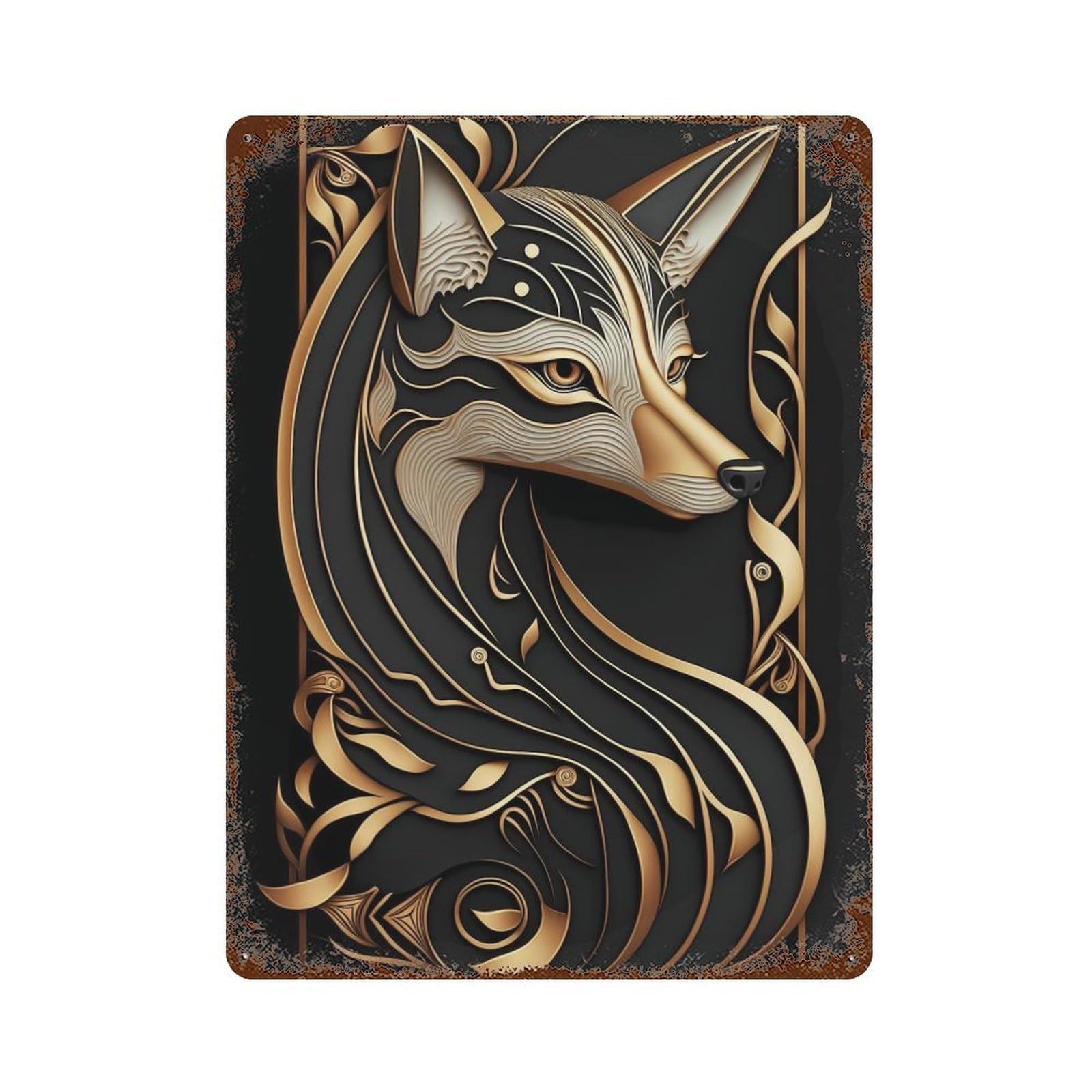 Decorative Tin Sign with Golden Fox Art Deco Harmony Design 15.7"x11.8", for Farmhouse, Kitchen And Entryway Decor, Old School Wall Decor