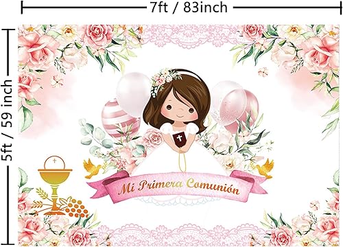 Miniatura 3 de Mi Primera Comunion Bautizo Fotografía Fondo de Bautismo para niña, Dios bendiga la primera comunión Mi Bautizo Cáliz Globo Rosa Floral Decoración
