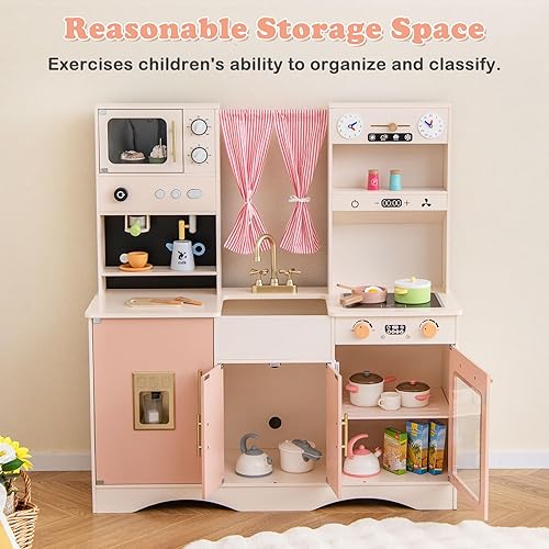 Vista 6 de INFANS Juego de cocina para niños, juego de cocina de juguete de cocina con estufa de cafetera, fregadero extraíble, gabinete de almacenamiento