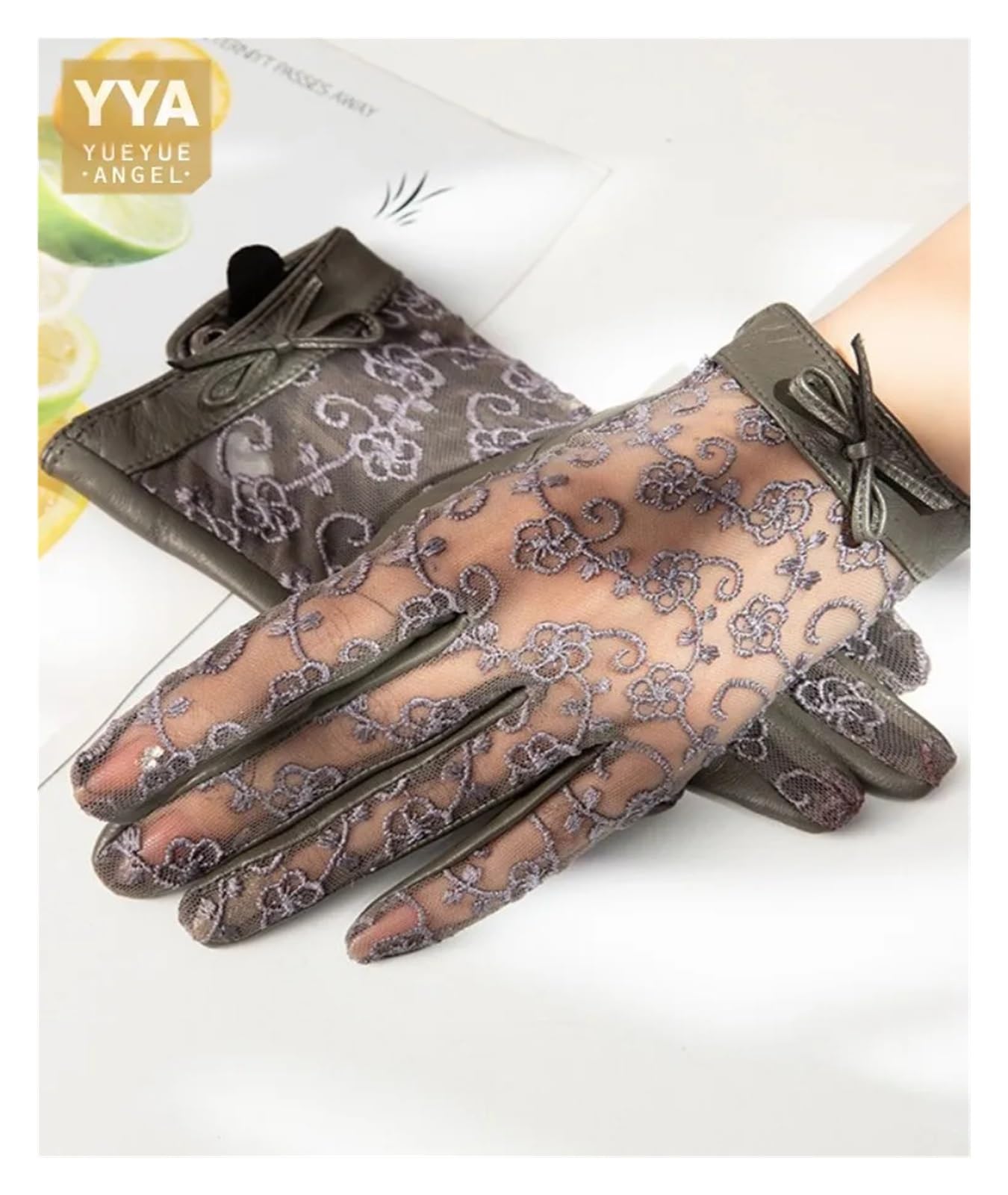 Women Breathable Patchwork Flower Lace Genuine Leather Gloves