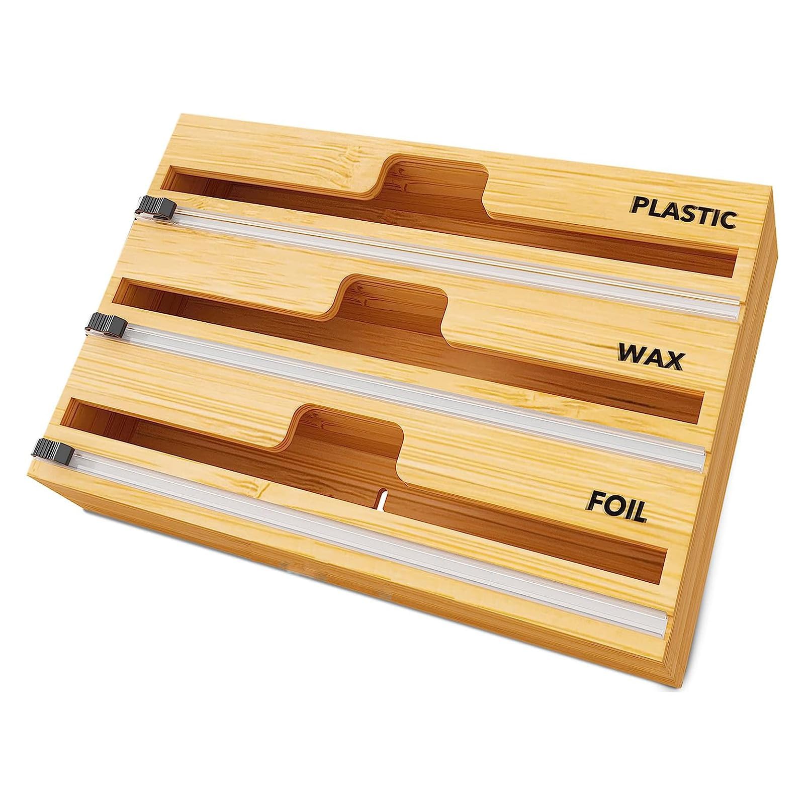 Generic 3 in 1 Wrap Dispenser with Cutter, Aluminum Foil and Wax Bamboo Dispenser, Foil and Plastic Wrap Organizer, Bamboo Roll Organizer Holder for Kitchen Storage Organization for 12" Roll